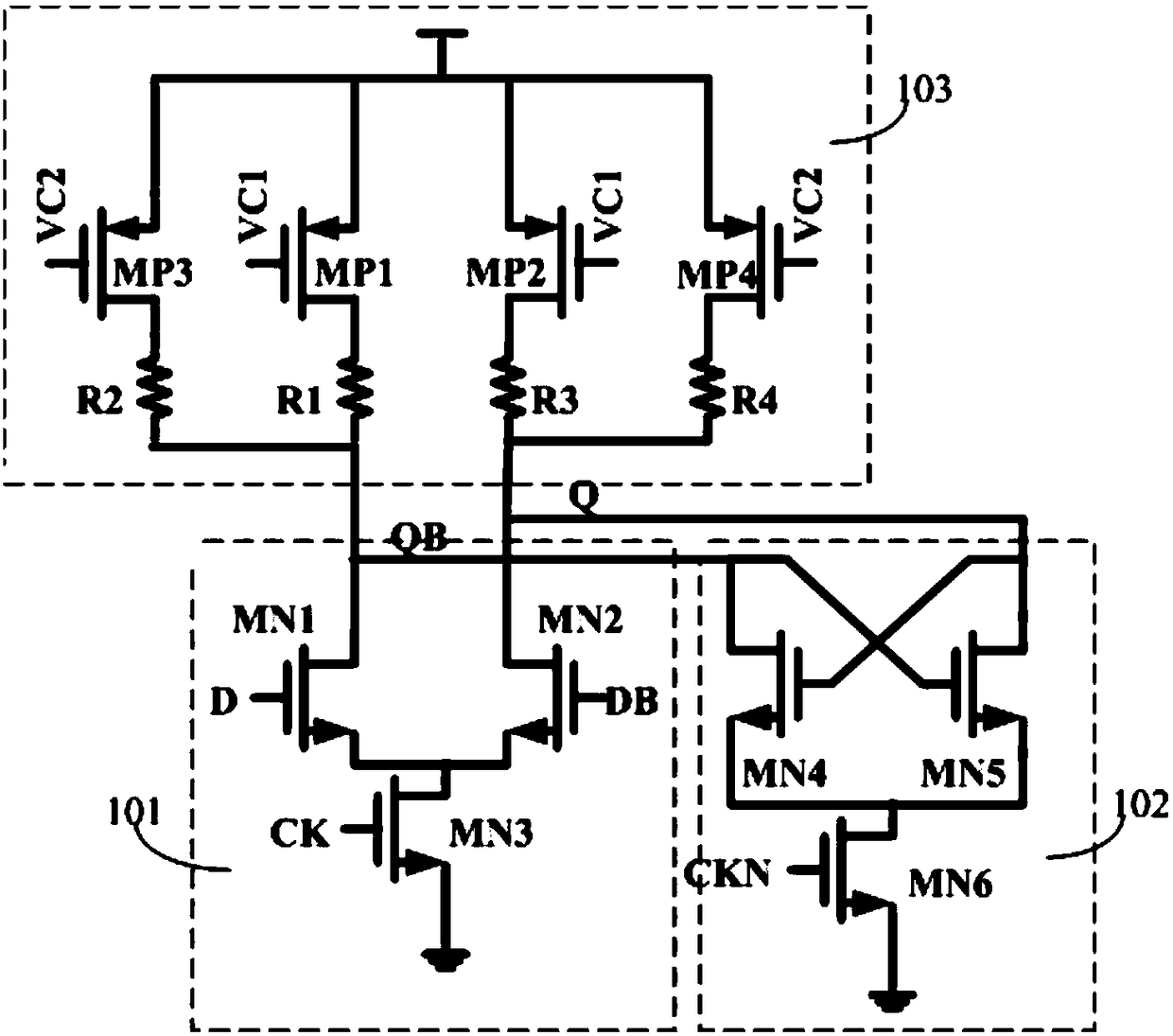 Latch, two-frequency divider circuit based on current mode logic and frequency divider