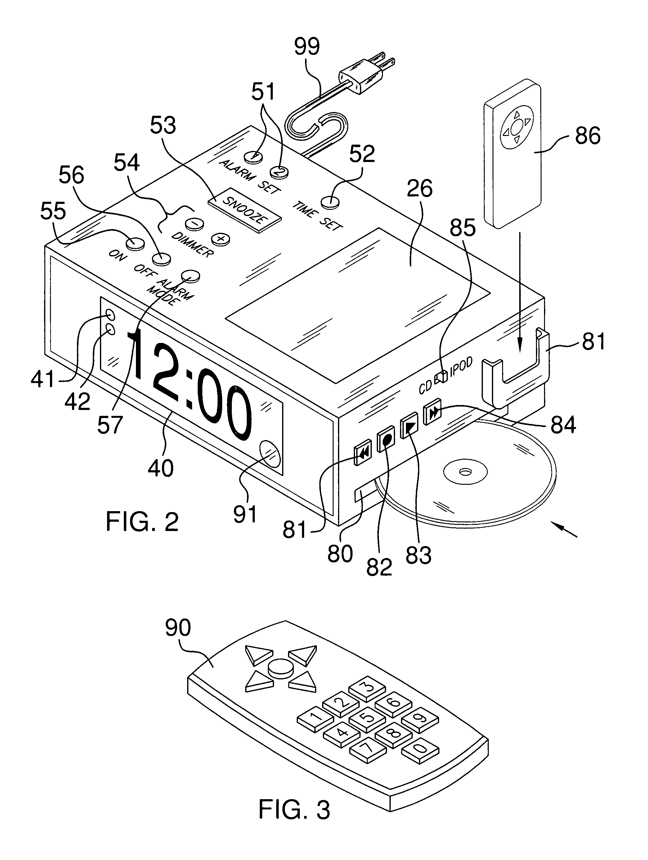 Alarm clock with AM/FM radio, CD player, portable audio storage device docking input, battery backup, and keypad with folding cover
