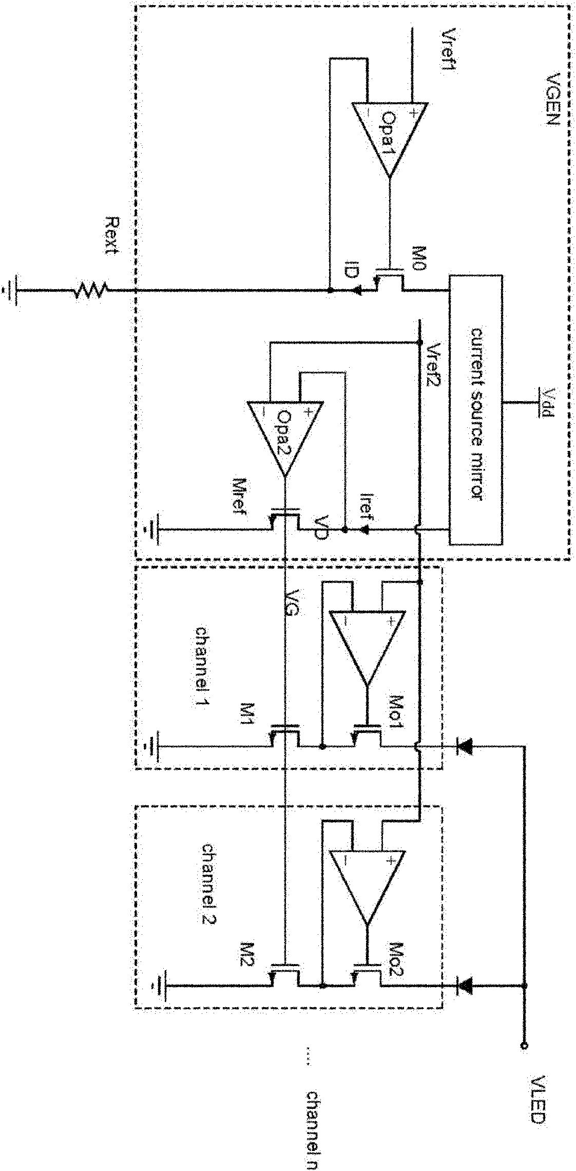 Small-area power tube-based low-mismatching multi-channel light-emitting diode (LED) constant current source driving circuit