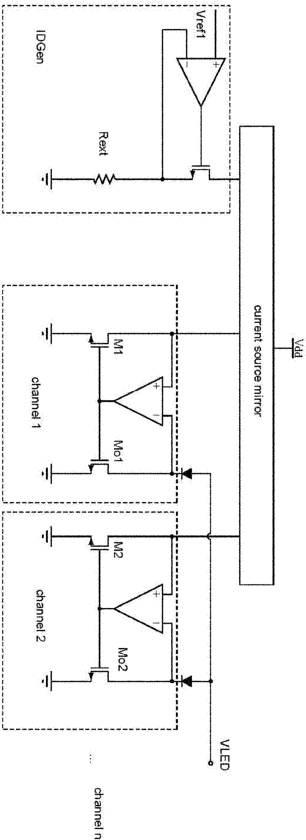 Small-area power tube-based low-mismatching multi-channel light-emitting diode (LED) constant current source driving circuit