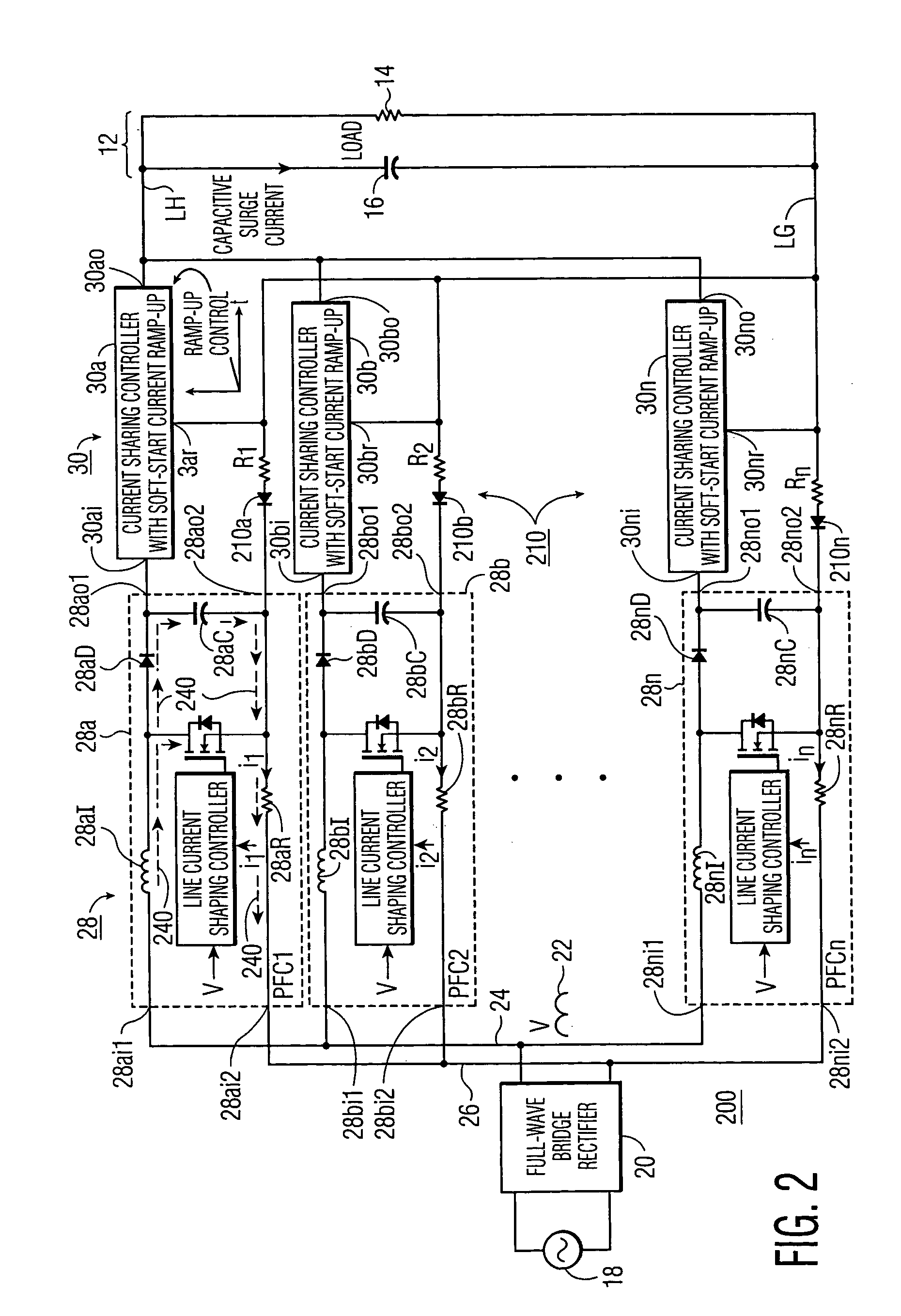 Surge current suppression in power-factor-corrected AC-to-DC converter with capacitive load
