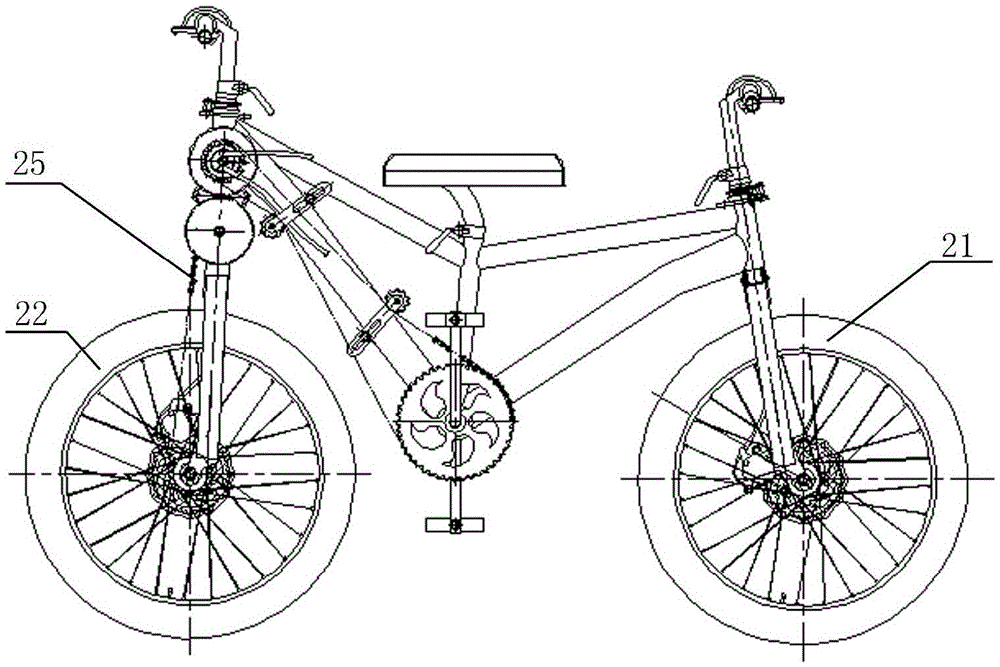 A transmission device for a bicycle with 360° front and rear wheels