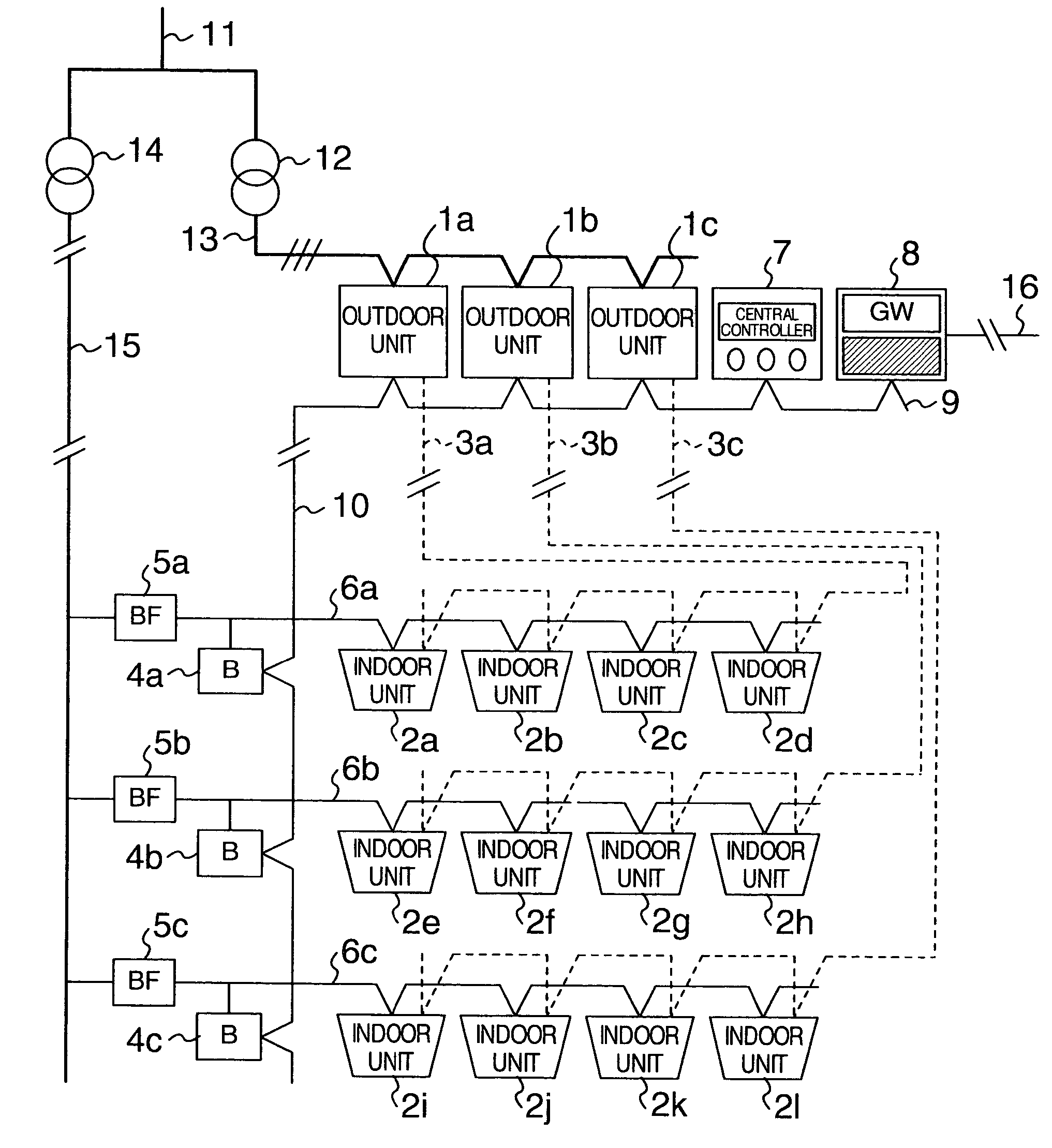 Indoor and outdoor unit communication via signal from a power line