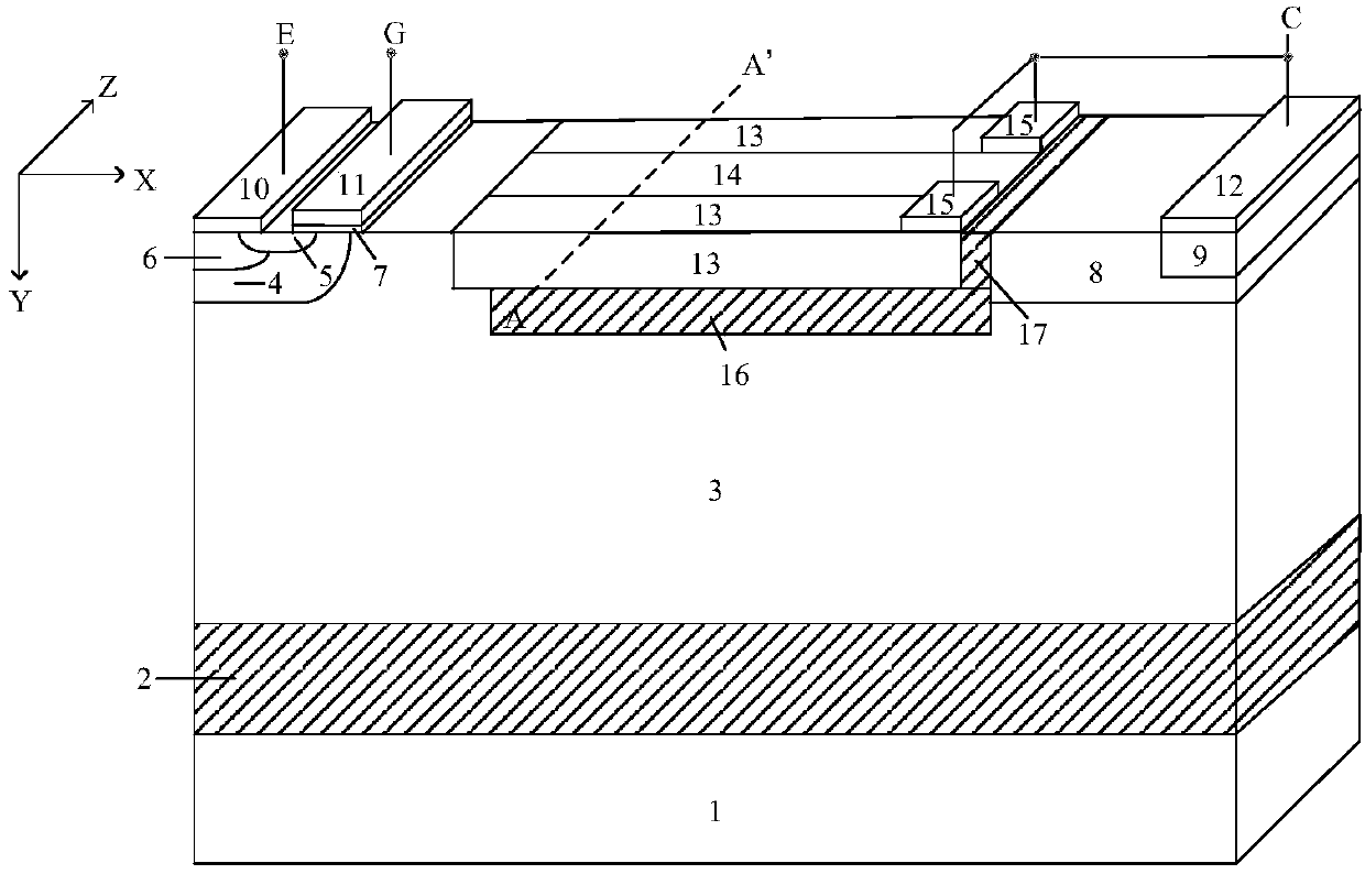 Transverse power device with mixed conductive pattern and preparation method thereof