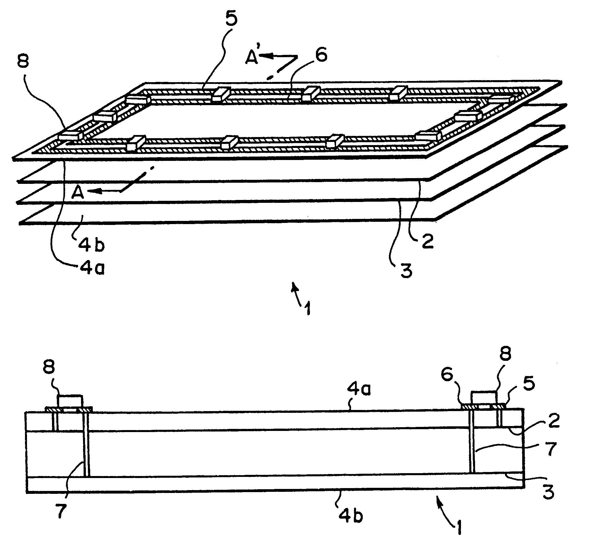 Printed circuit board with capacitors connected between ground layer and power layer patterns