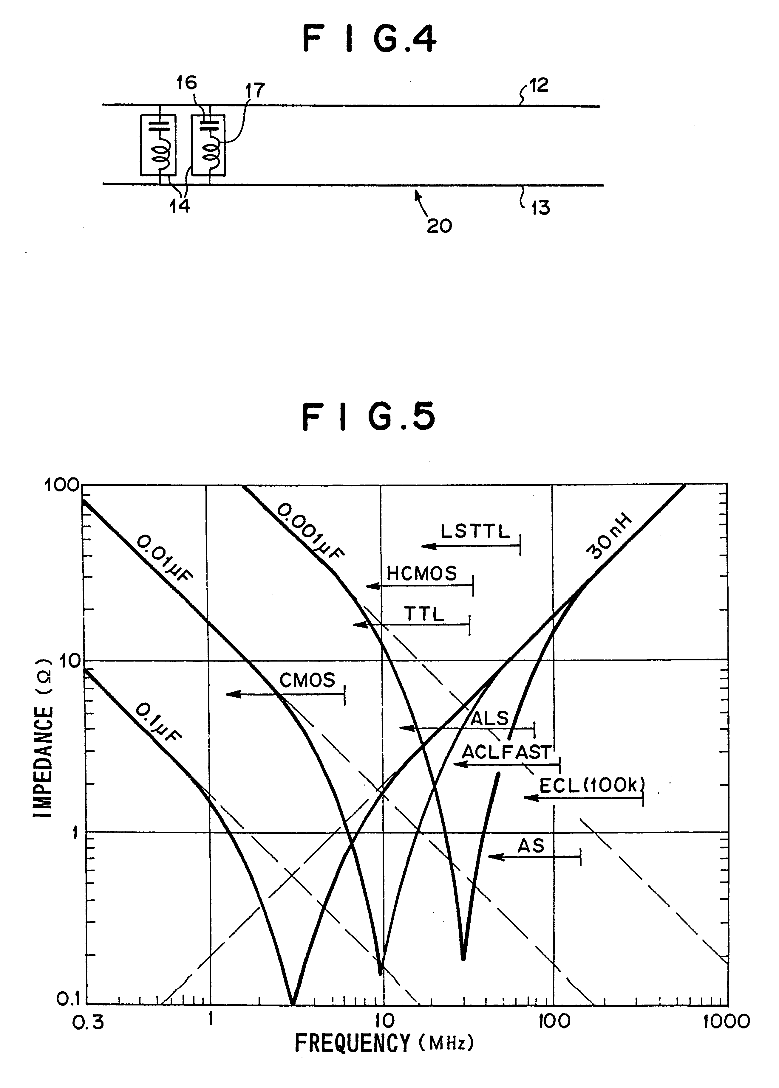 Printed circuit board with capacitors connected between ground layer and power layer patterns