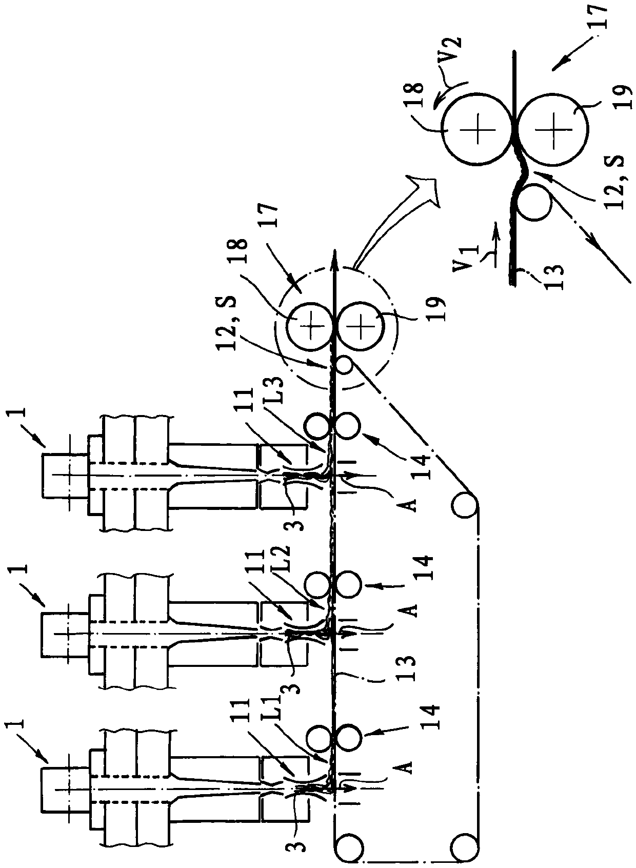 Nonwoven fabric laminate and method and device for manufacturing same