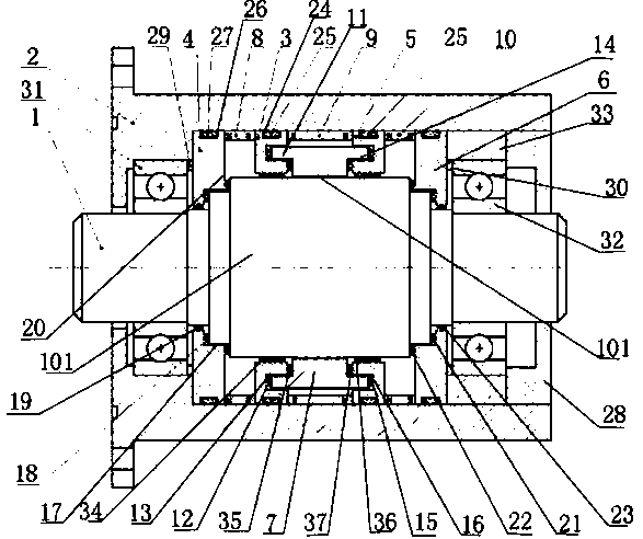 Symmetrical double-step magnetic fluid sealing device