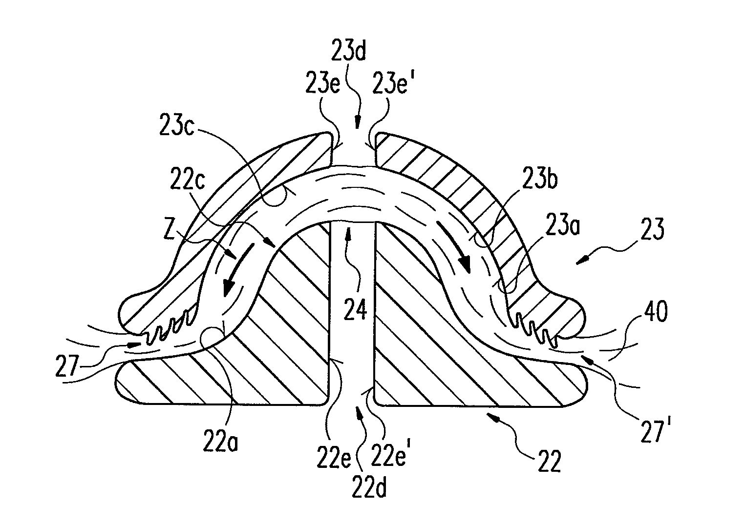 Electrosurgical instrument with opposing jaws, central knife, and barbs for maintaining clamping tension on tissue even after opening jaws