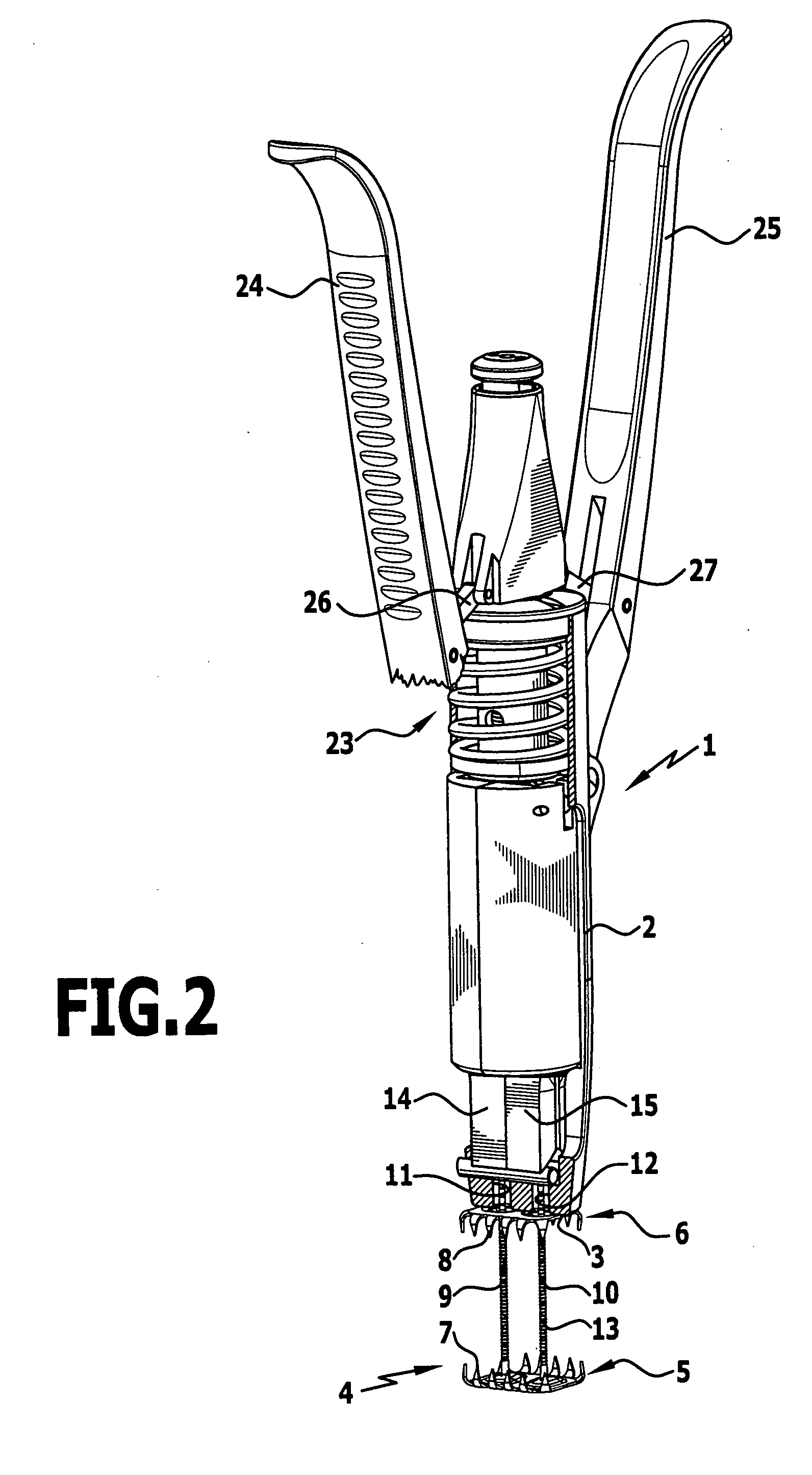 Surgical instrument for tensioning plate-shaped engaging elements with respect to each other