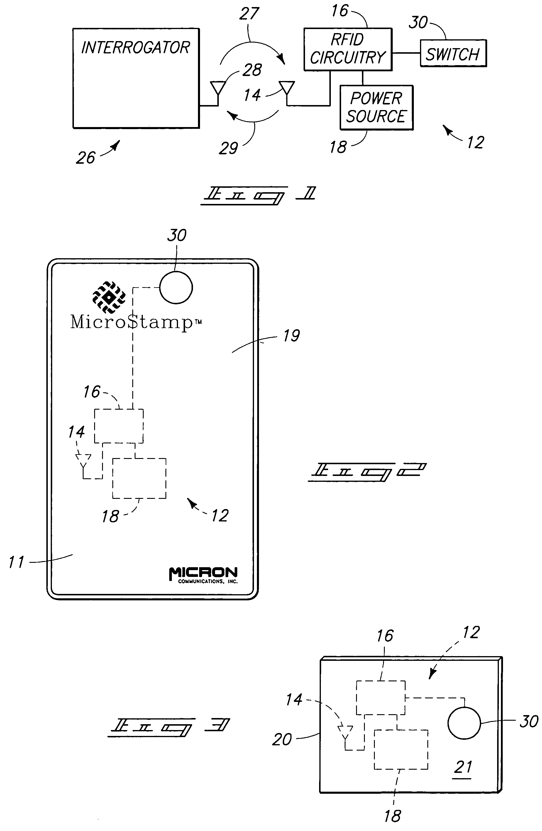 Wireless identification device, RFID device with push-on/push off switch, and method of manufacturing wireless identification device