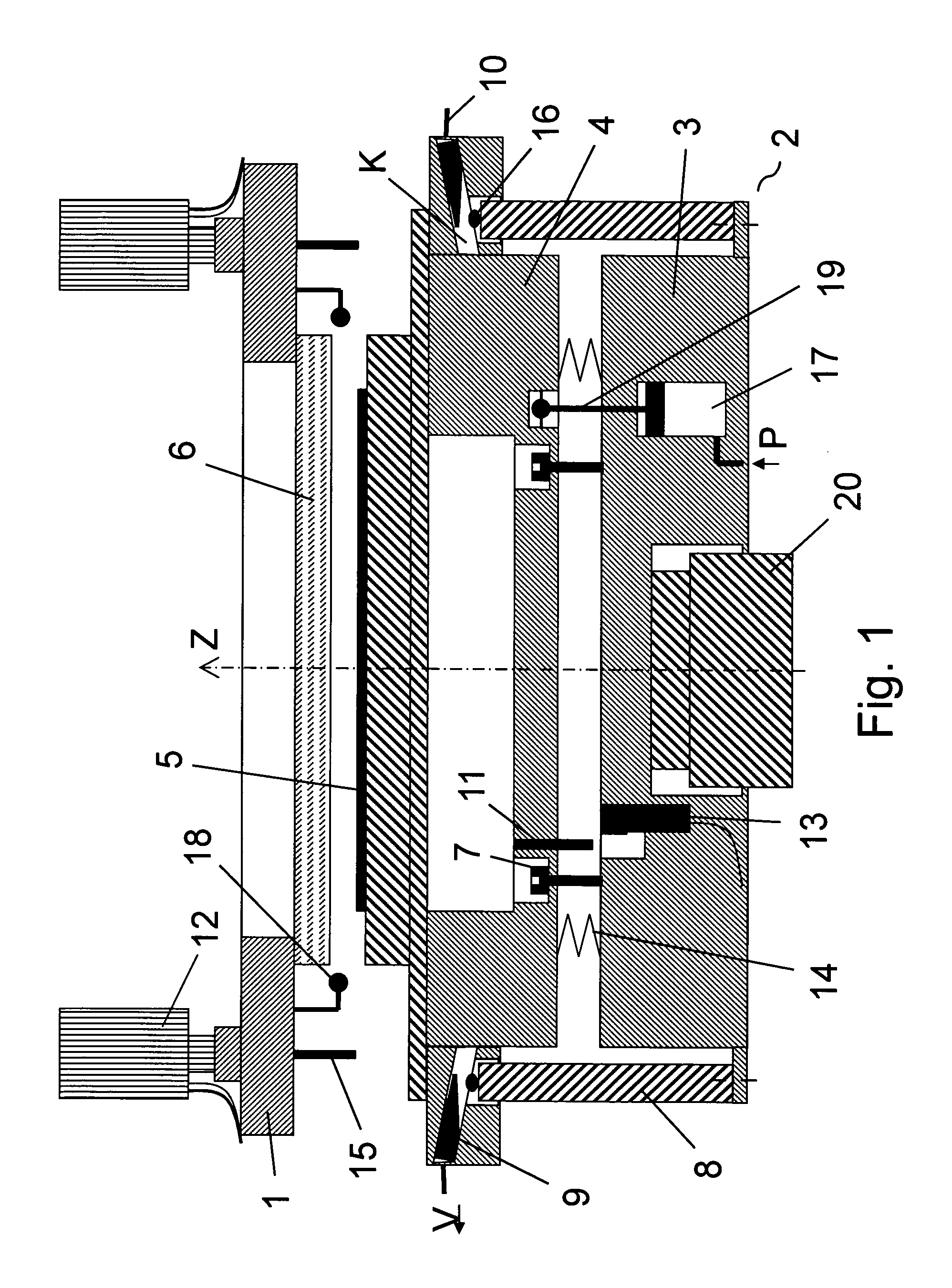 Method and device for active wedge error compensation between two objects that can be positioned substantially to parallel to each other