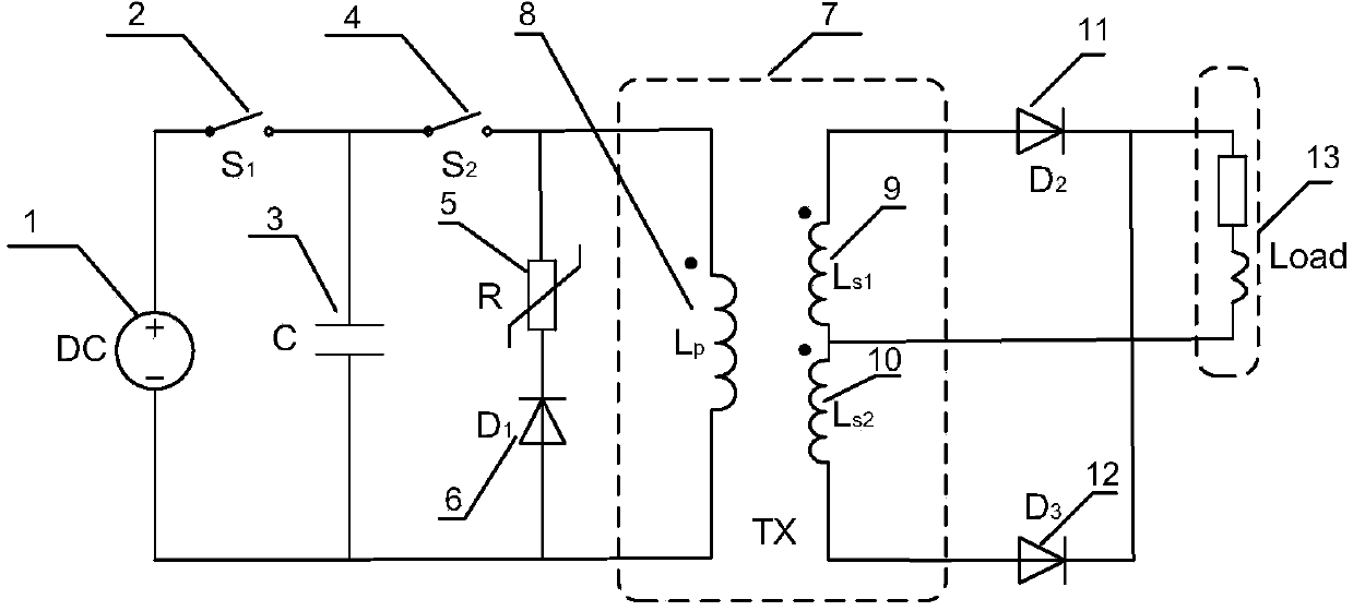 Pulse power supply for converting discharge by utilizing three-winding pulse transformer
