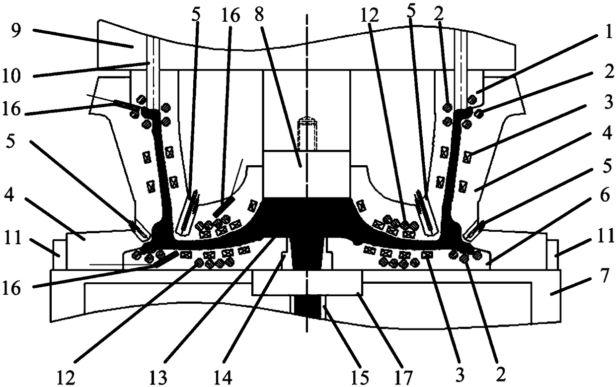 A wheel hub squeeze casting device and method integrating precise temperature control and pulsed magnetic field