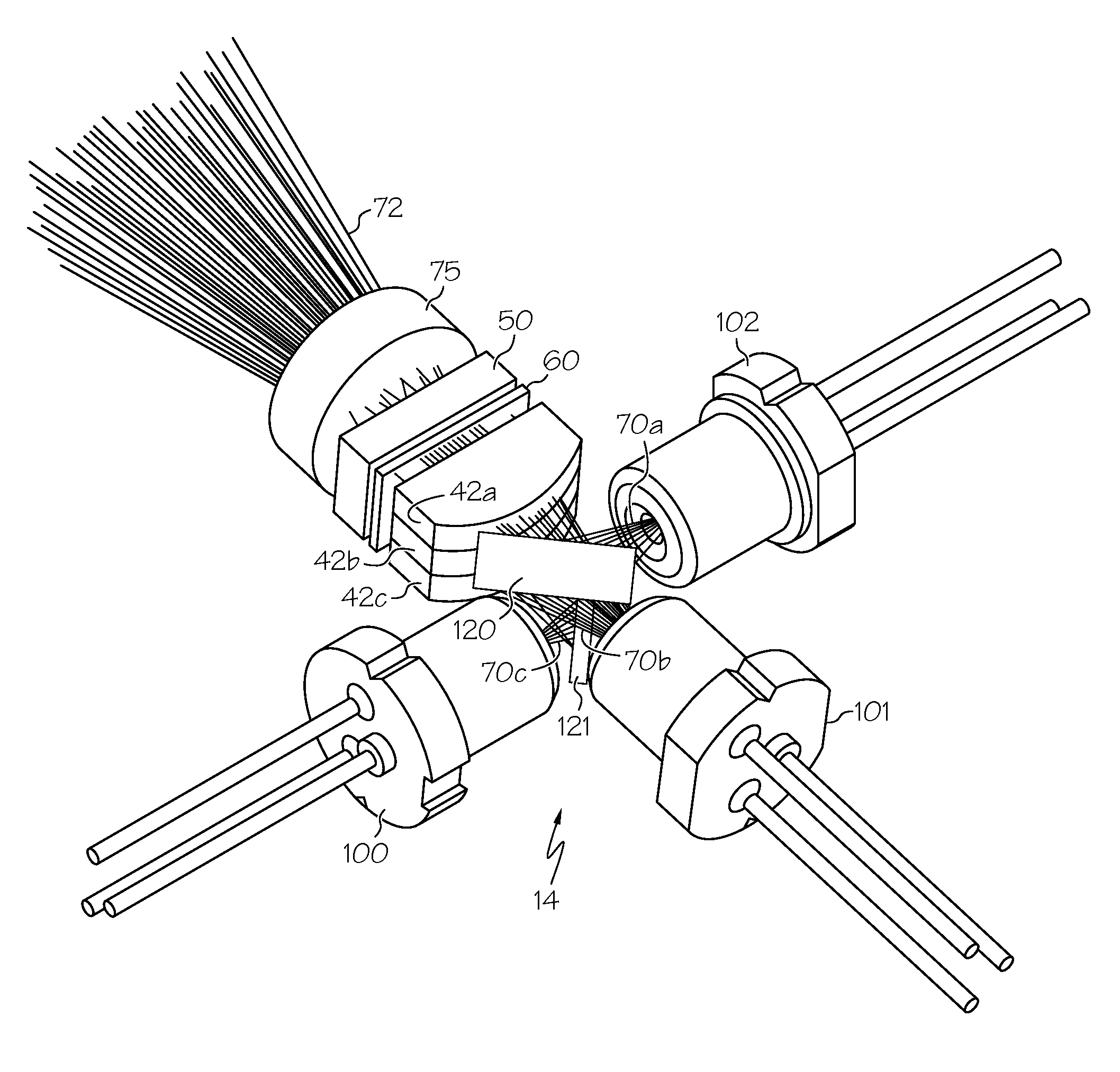 Projector with laser illumination elements offset along an offset axis