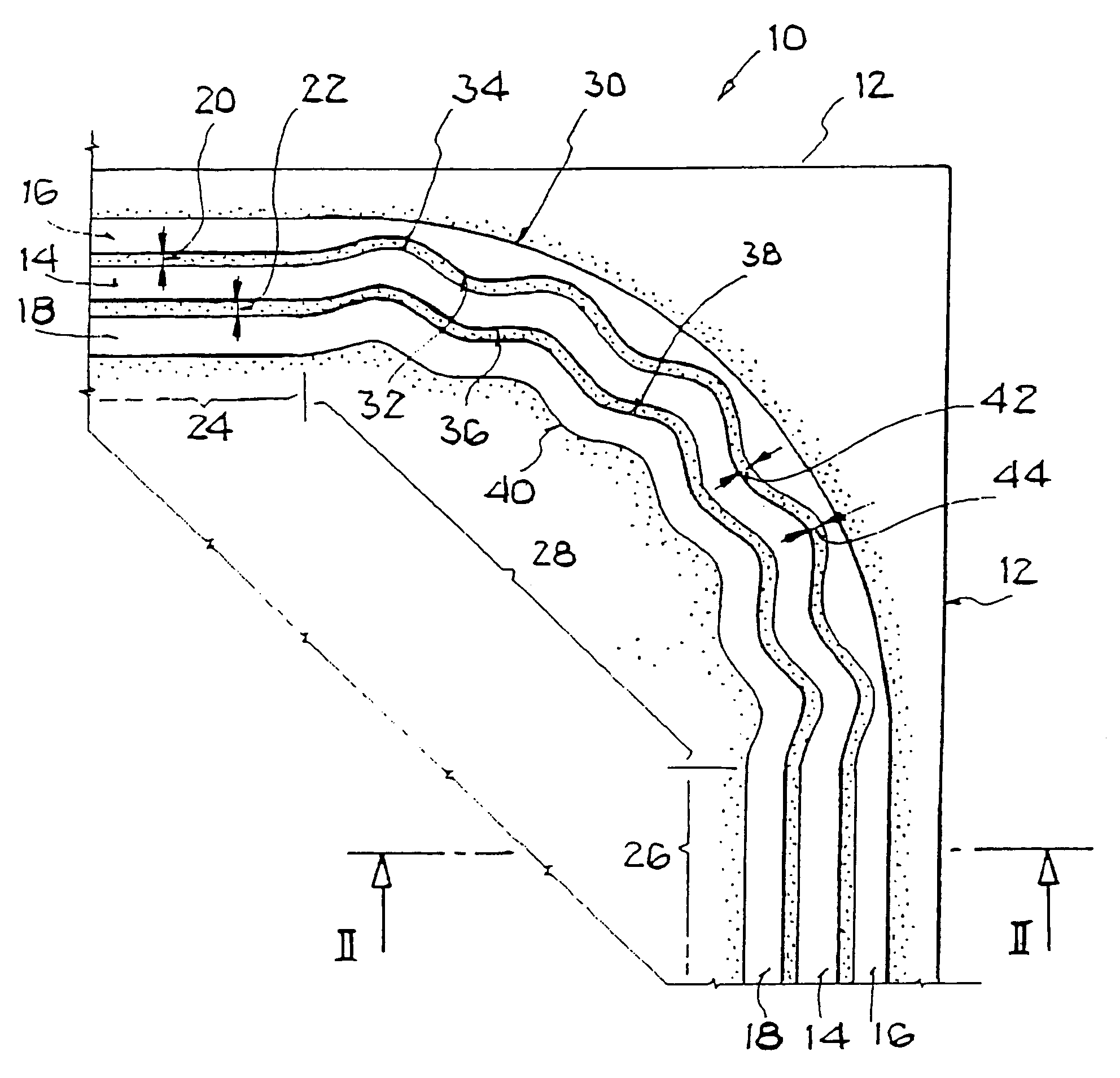 Planar microwave line having microstrip conductors with a directional change region including a gap having periodic foldings