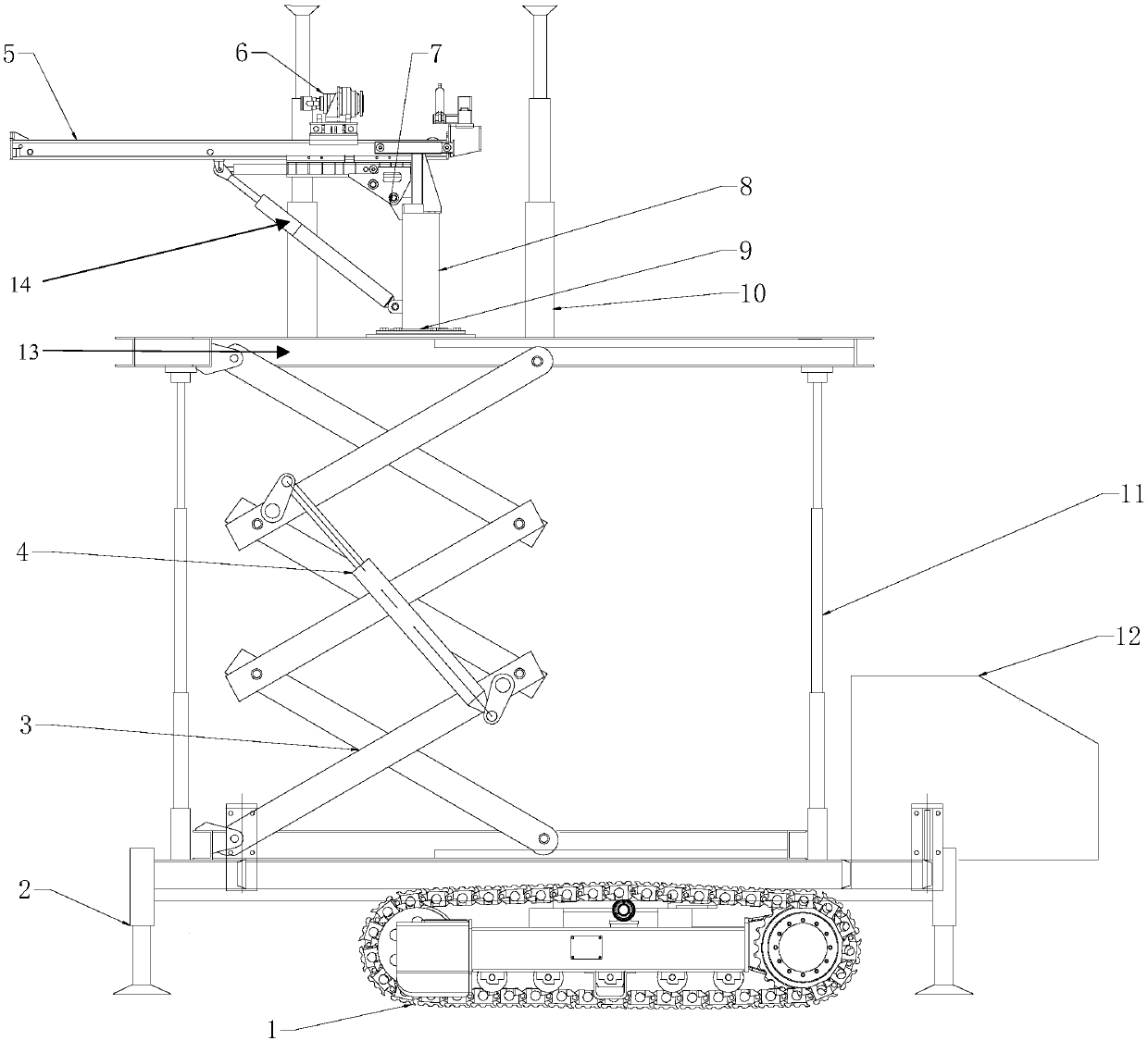 Track type lifting platform hydraulic drilling rig and working method thereof