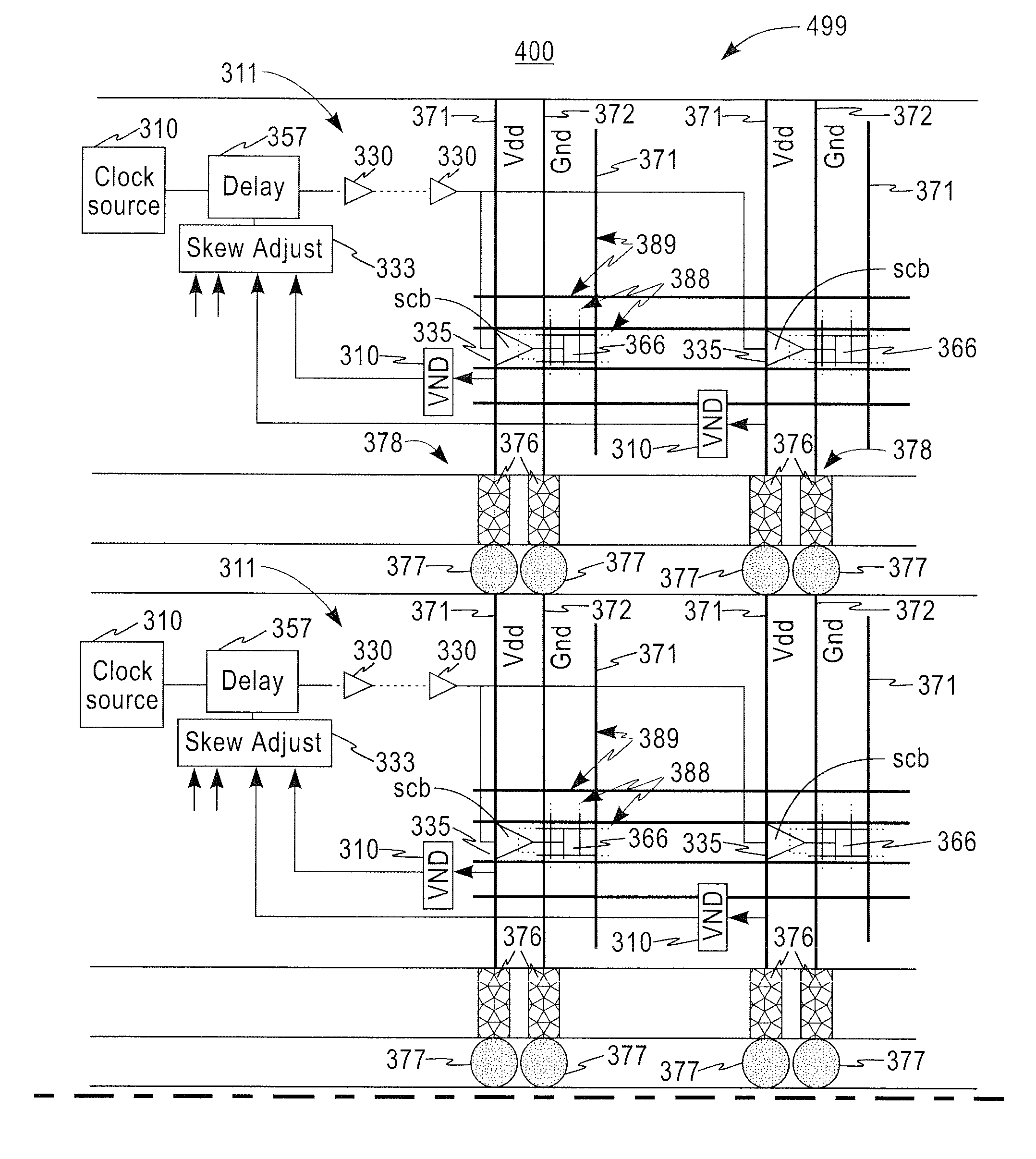 AC supply noise reduction in a 3D stack with voltage sensing and clock shifting