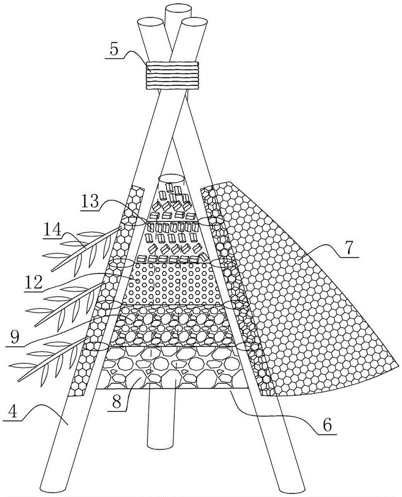 River ecological bank protection system formed by triangular pyramidal wood pile stone cage frames and construction method