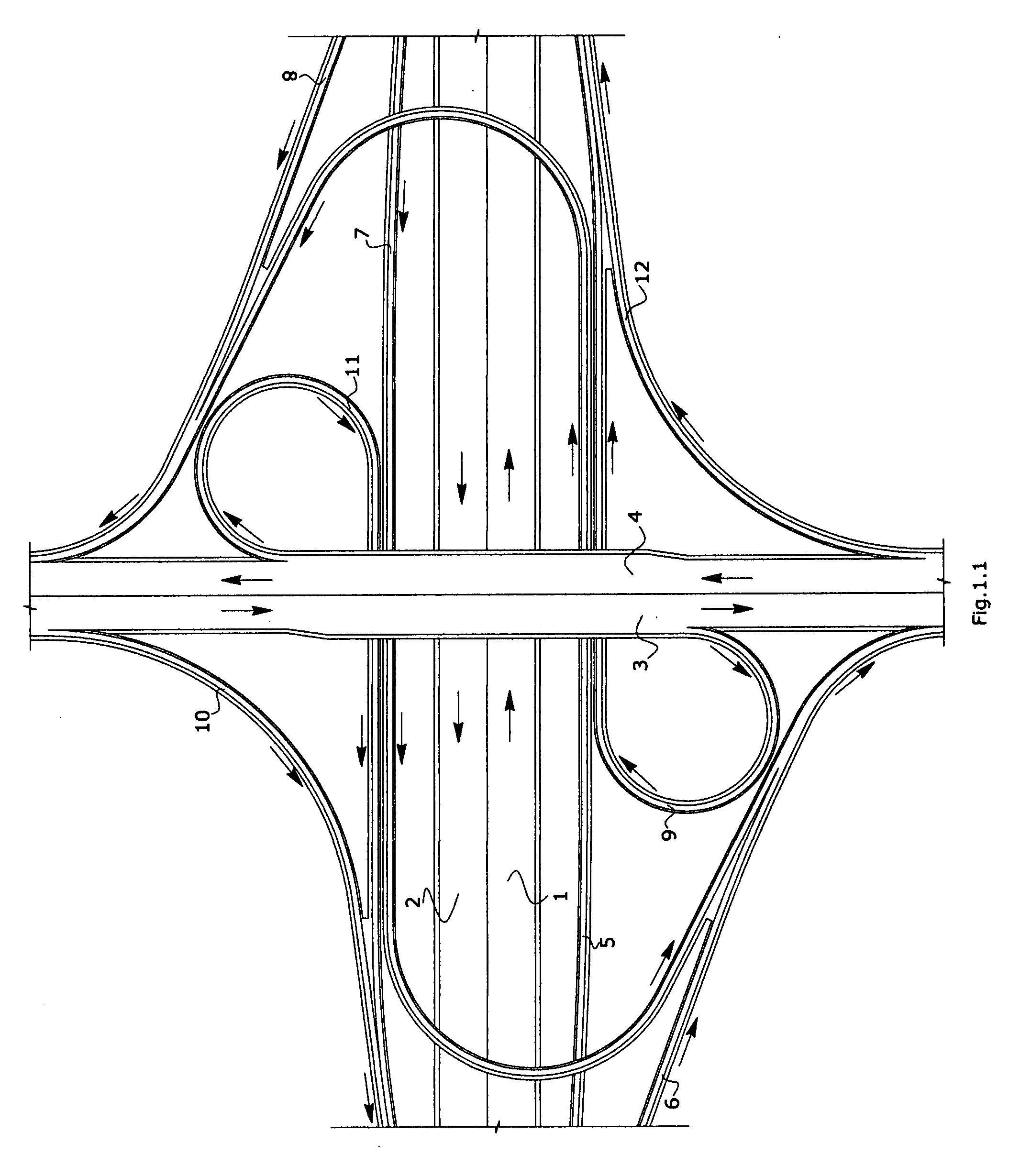 Weaving free two level cloverleaf type interchange for a highway crossing under a street