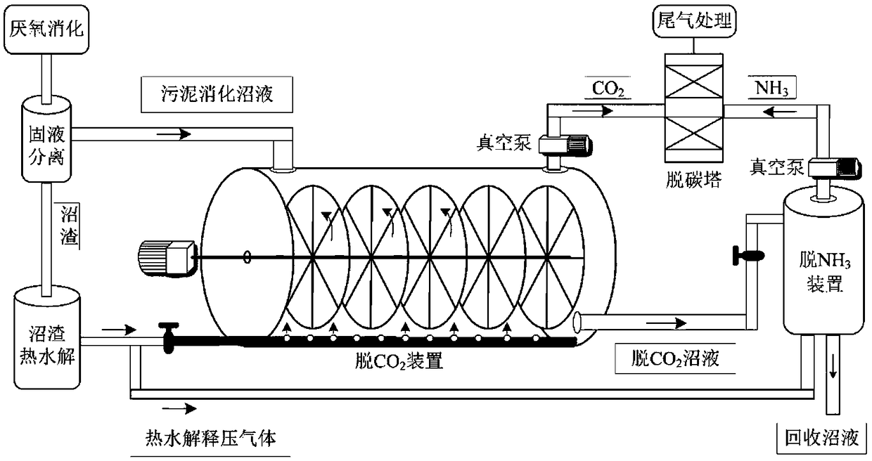 Special CO2 removing deaminizing device and process for sludge digestion biogas slurry