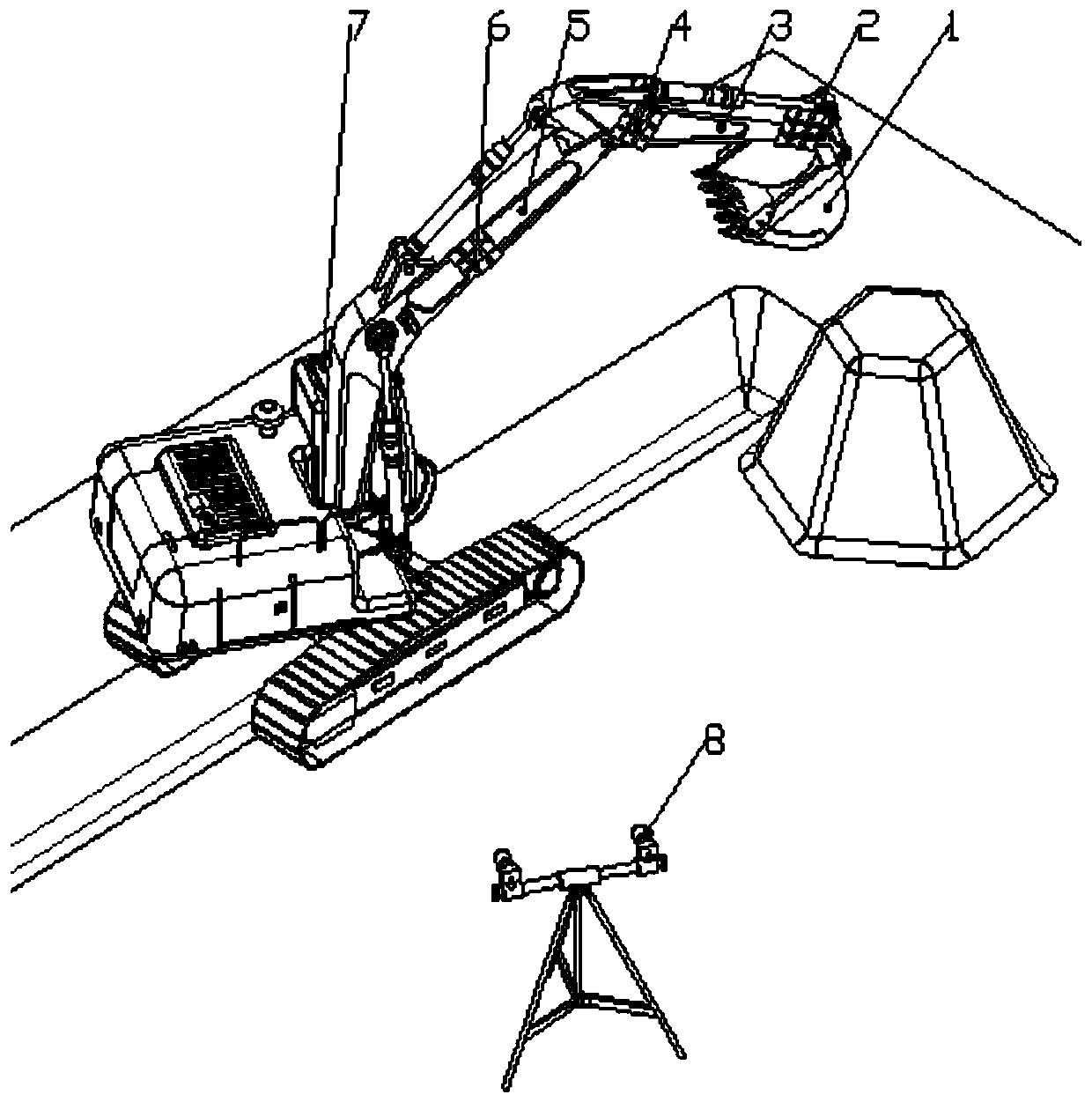 Monocular vision excavator pose measuring system and measuring method based on target