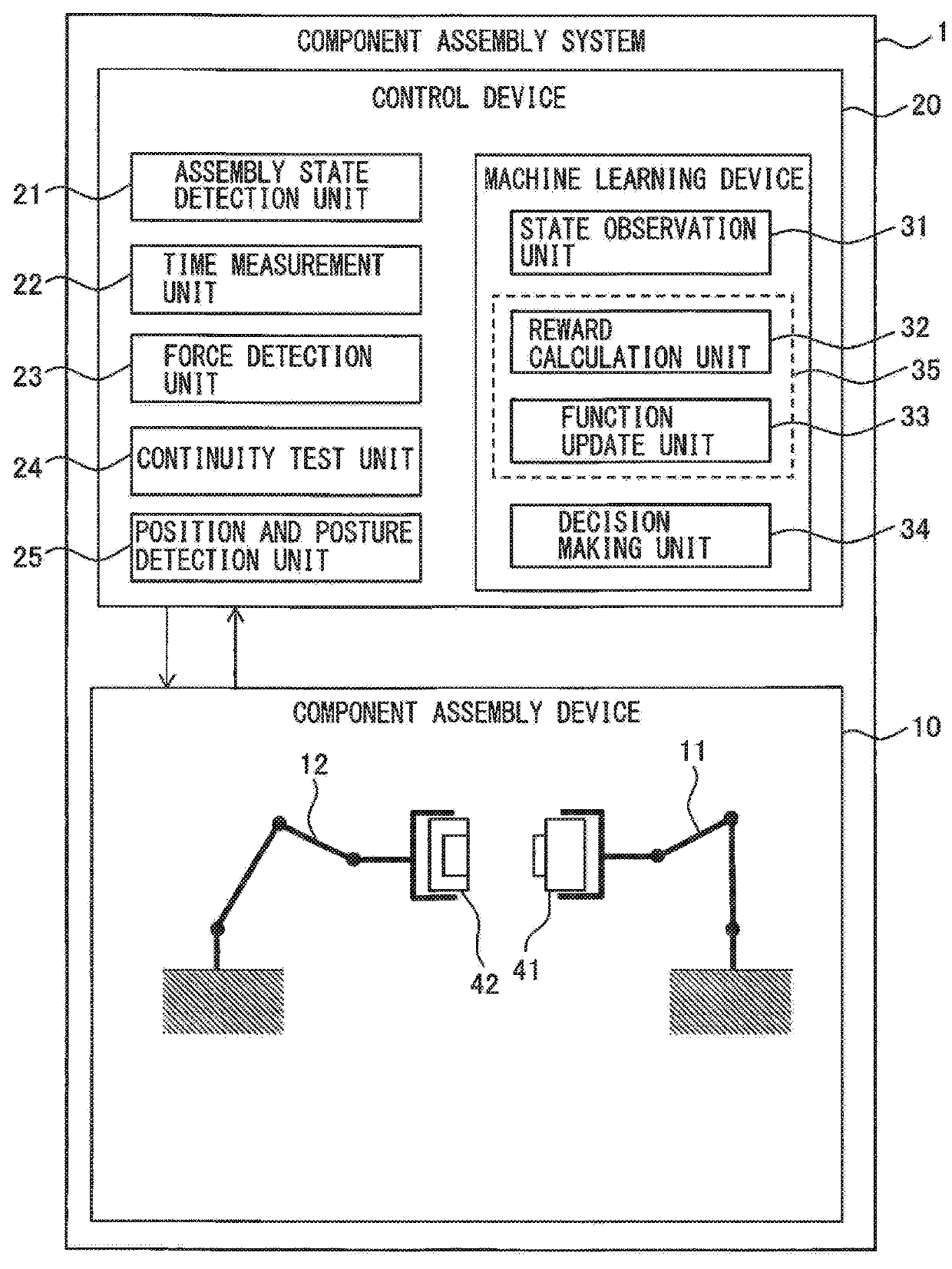 Machine learning device for learning assembly operation and component assembly system