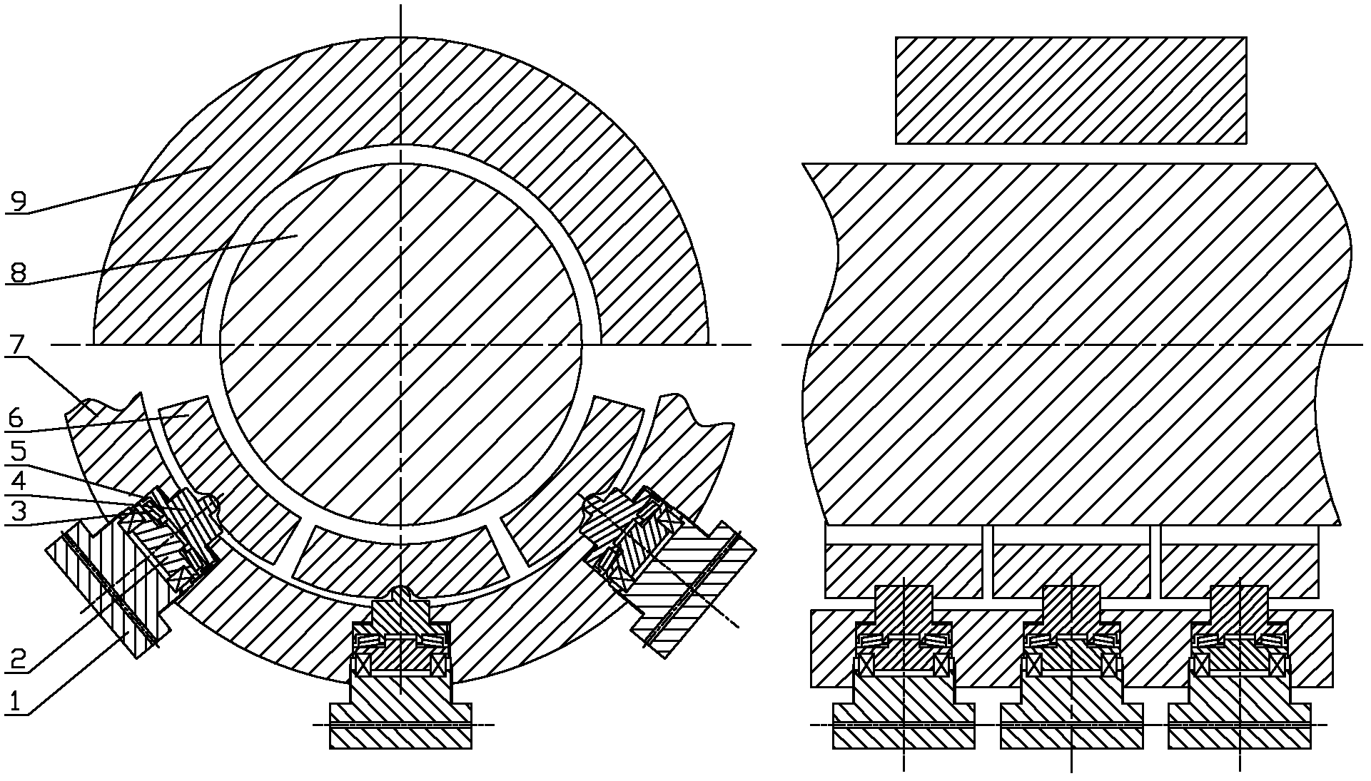 Variable-performance radial bearing formed by controllable tilting pad and bearing pad