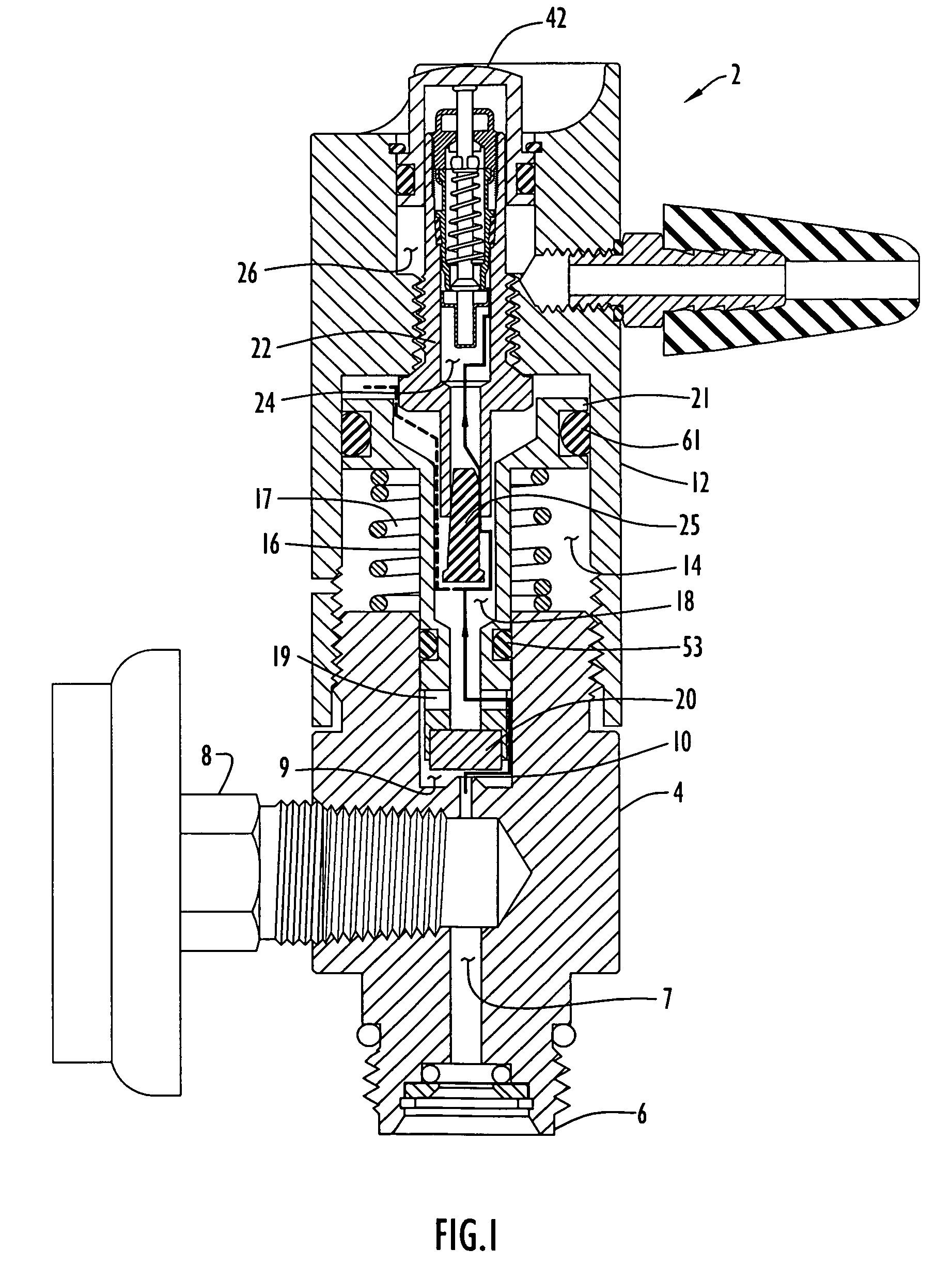 Push button regulator device with sealing element to facilitate easy connection with other devices