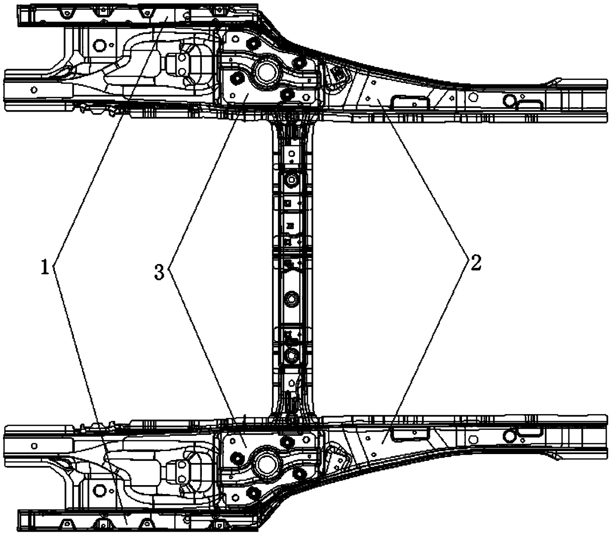 A reinforcing structure for connecting a rear suspension towing arm with a vehicle body