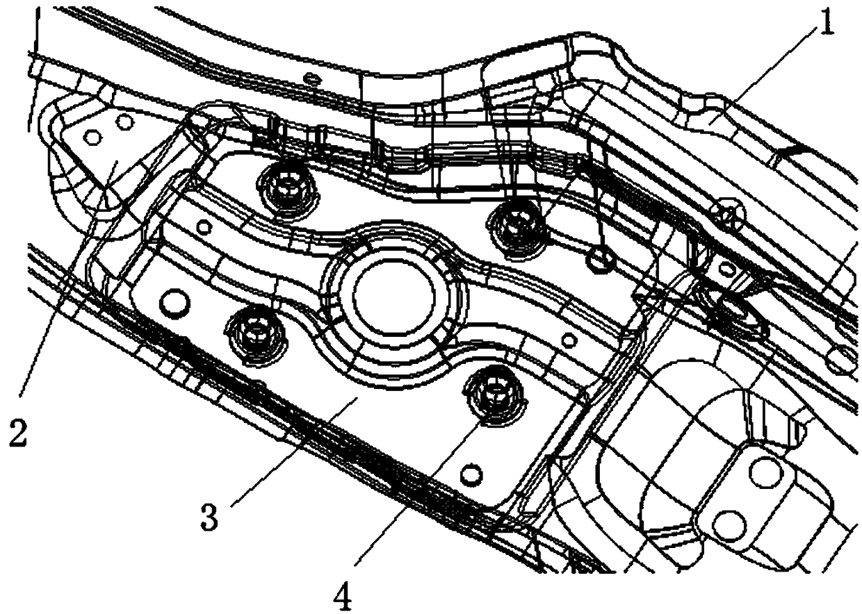 A reinforcing structure for connecting a rear suspension towing arm with a vehicle body