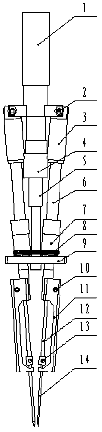 Two-finger four-pin automatic picking and placing device for plug seedling transplanting