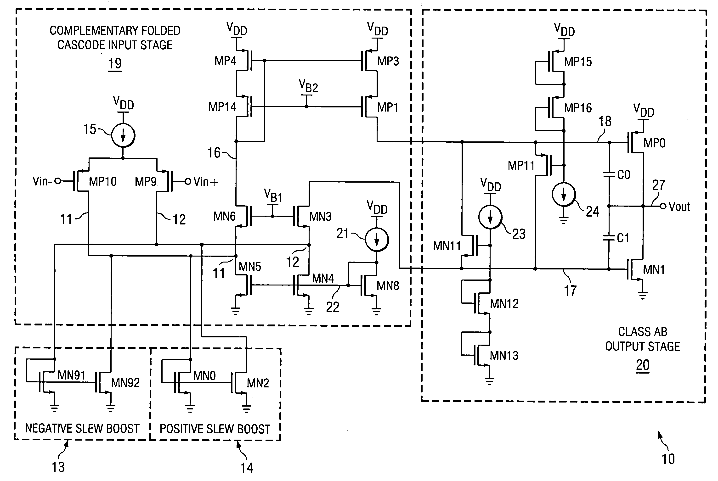 Slew rate enhancement circuitry for folded cascode amplifier