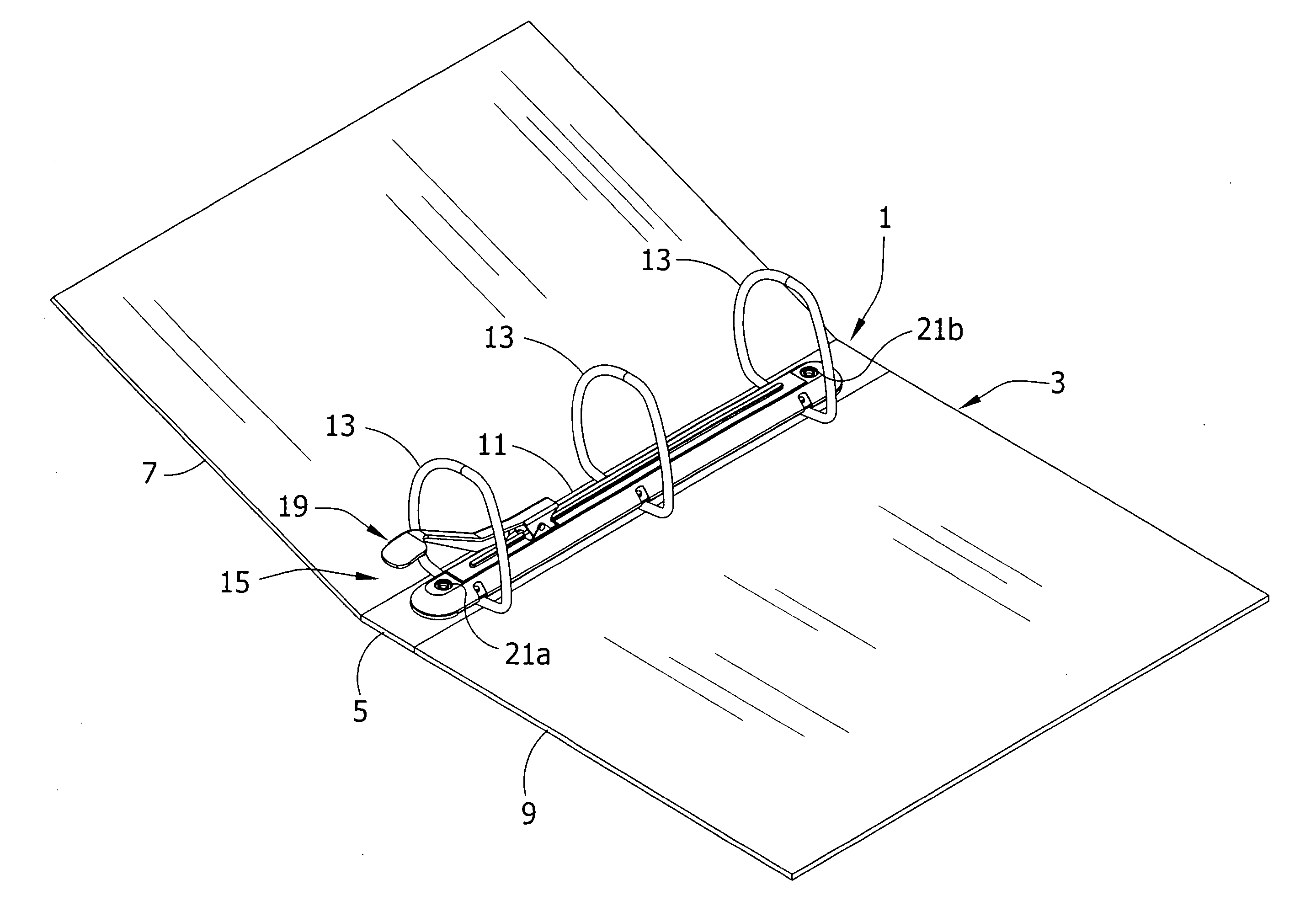 Ring binder mechanism with operating lever and travel bar