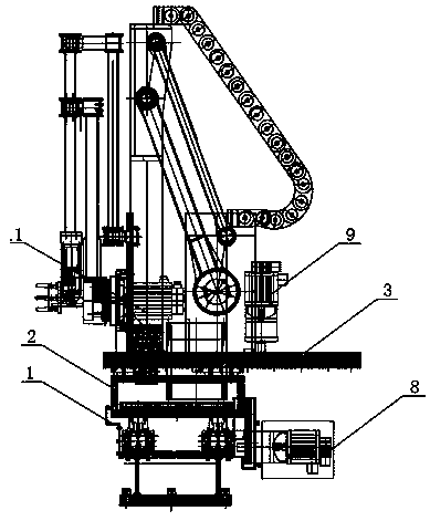 Four-bar linkage type spraying and taking all-in-one machine