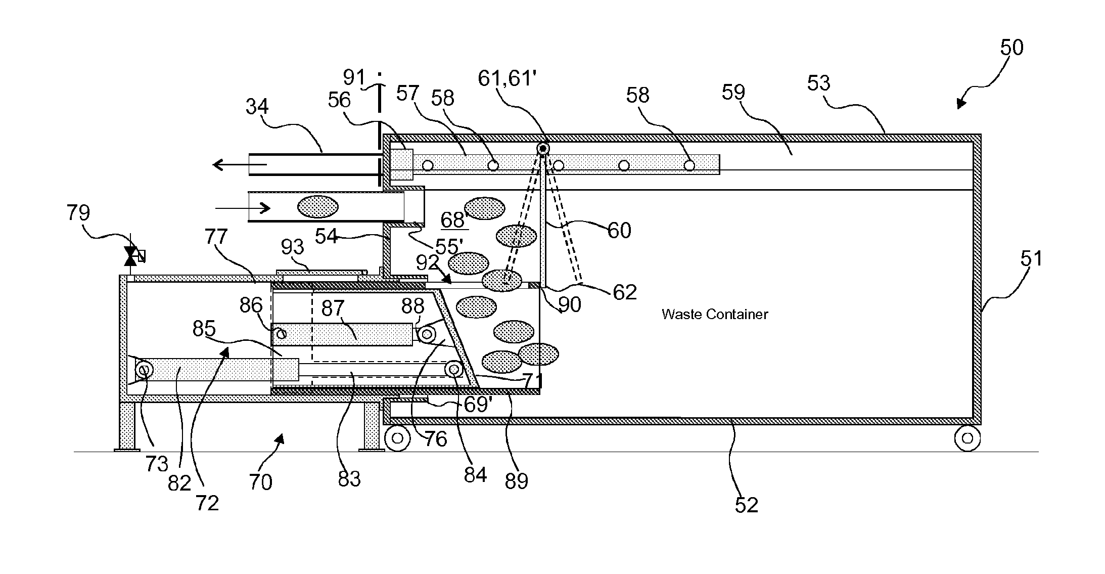 Apparatus for processing material, and waste container/separating device