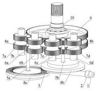 Face gear and herringbone-tooth cylindrical gear combined four-way branch transmission mechanism