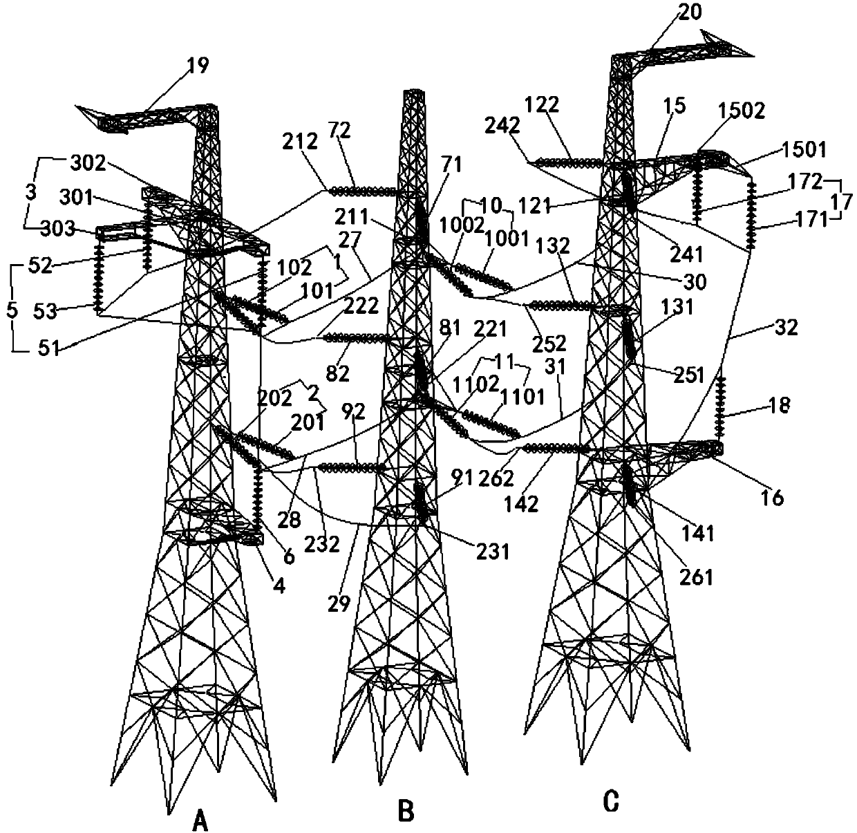 Double-circuit transposition tower and transposition method