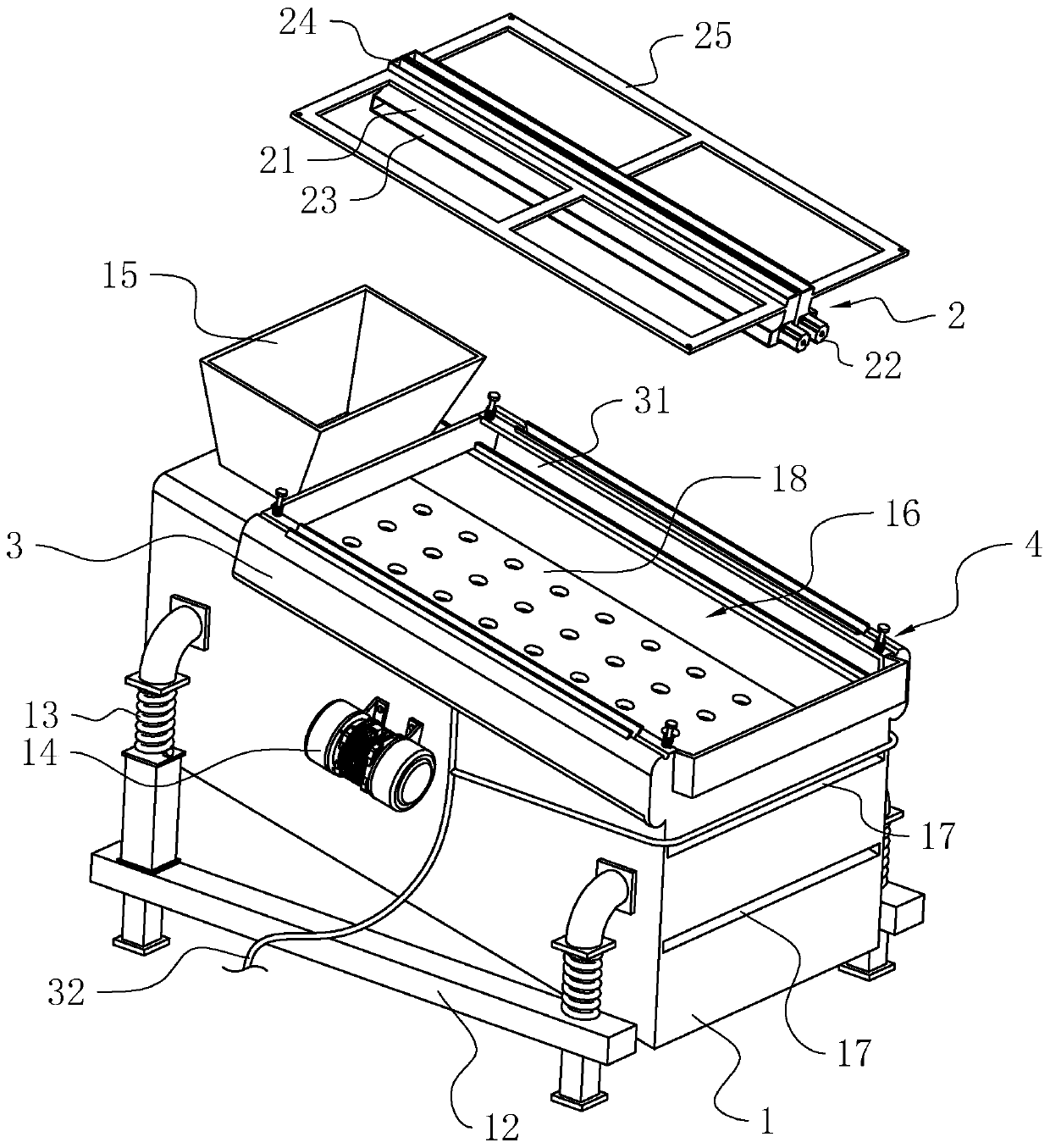 A dust removal device for a vibrating screen