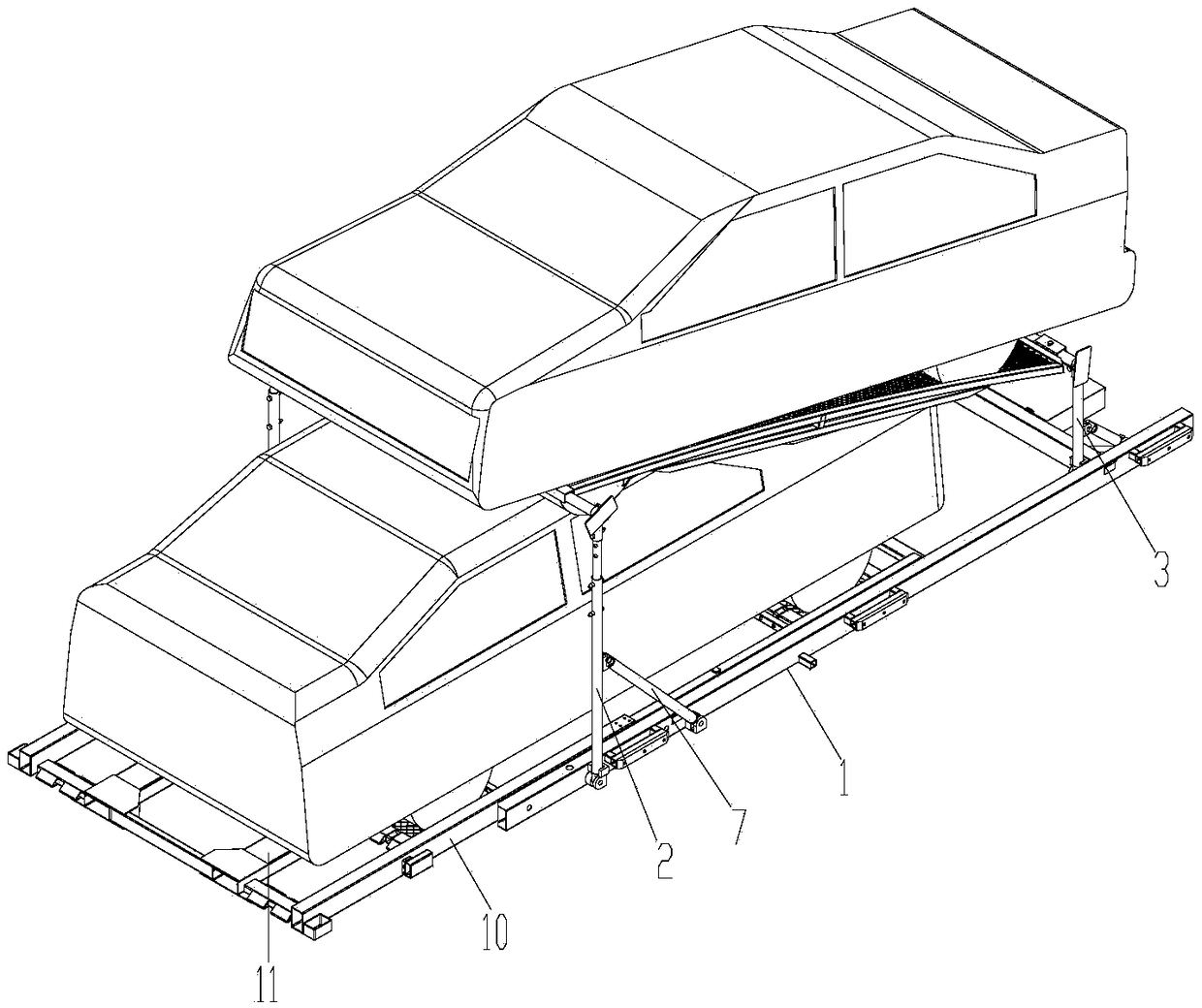 Dual-layer foldable telescopic type multi-vehicle commodity car carrying support for container