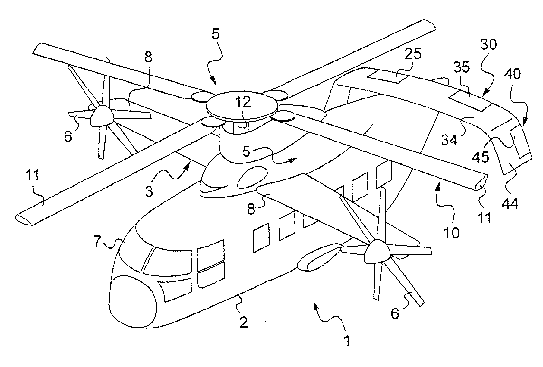 Fast hybrid helicopter with long range with longitudinal trim control