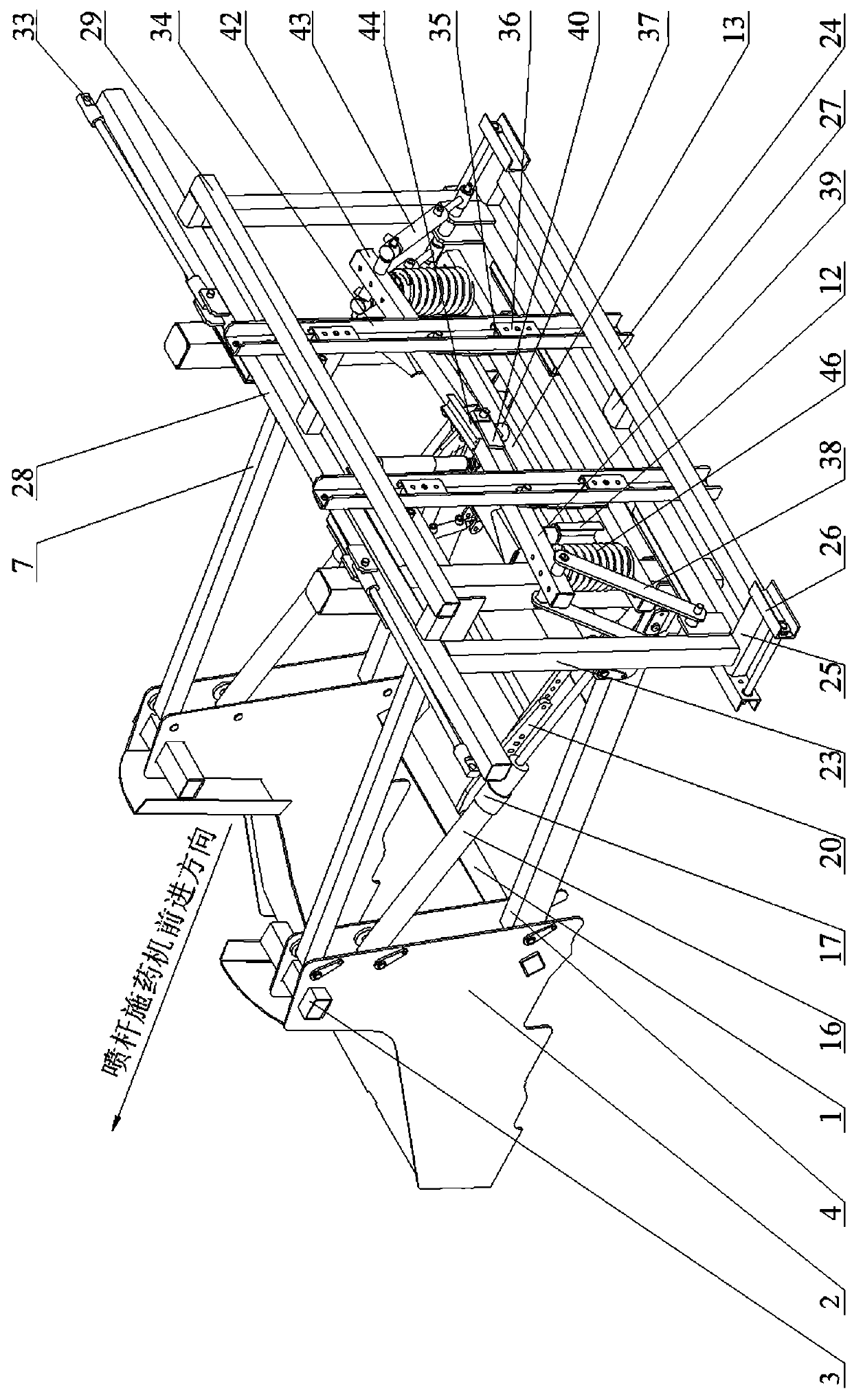 Automatic lifting and shock absorbing self-balancing mechanism for spray rod application machine