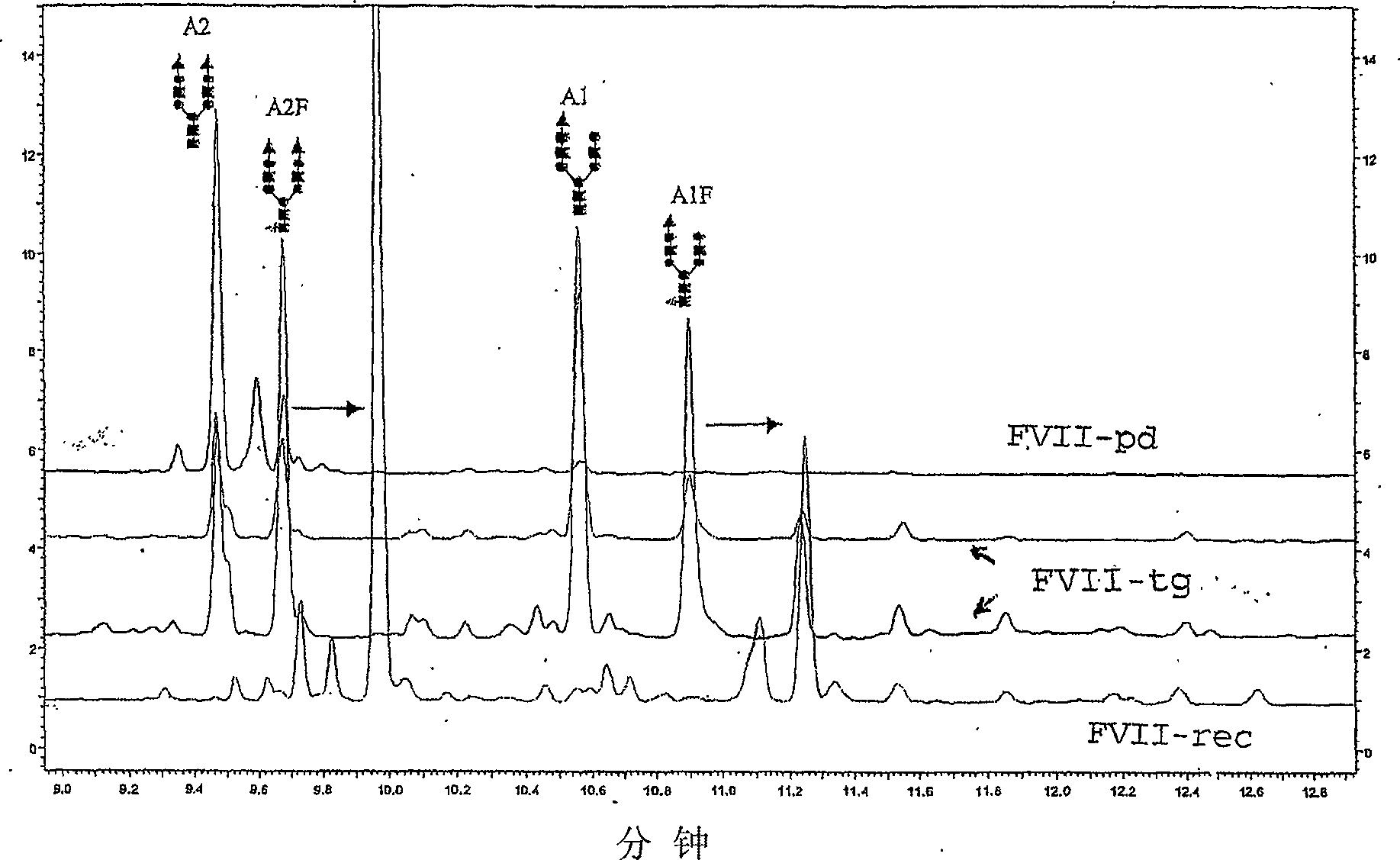 Recombinant or transgenic factor VII composition, each factor VII molecule having two N-glycosylation sites with defined glycan units