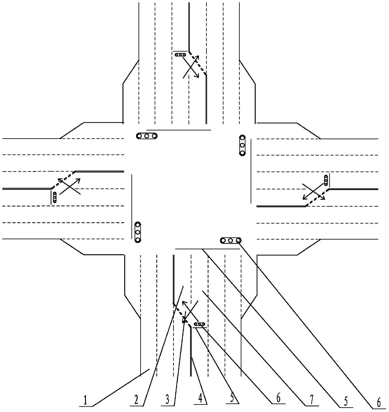 Road junction capable of realizing simultaneous left turning of vehicles in multiple directions and traffic method