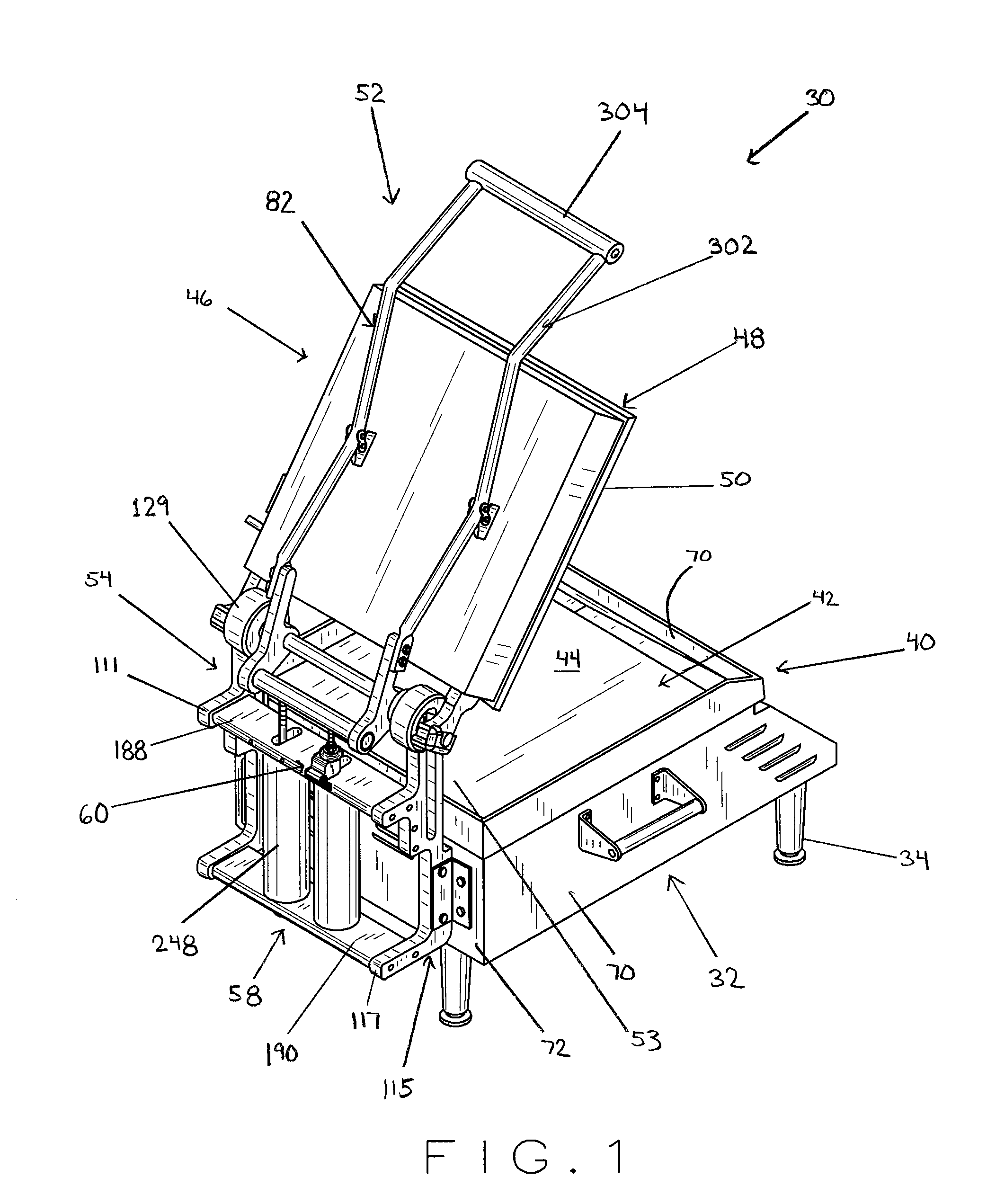 Grill for cooking human food with lower and upper platens and counterbalance assembly