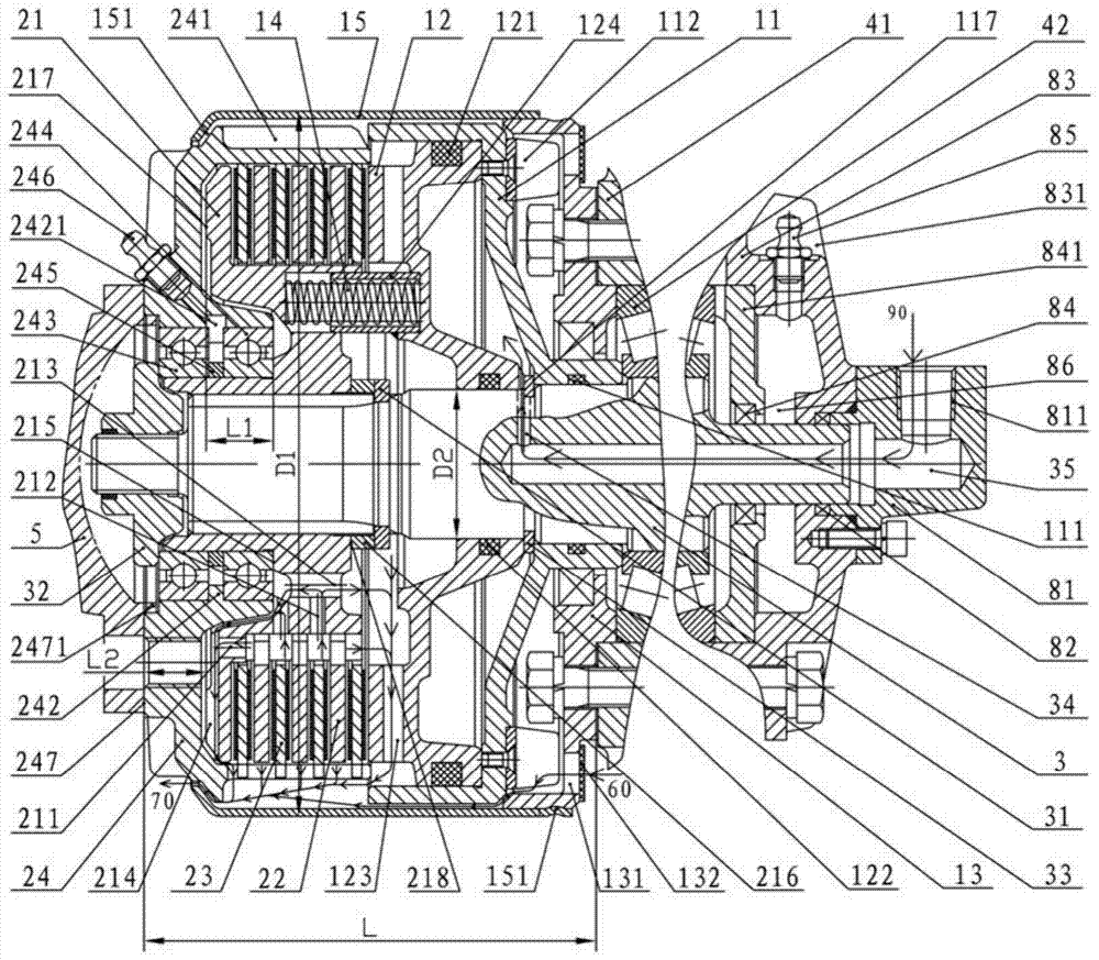 A pneumatic multi-disc friction clutch with piston cylinder rotation