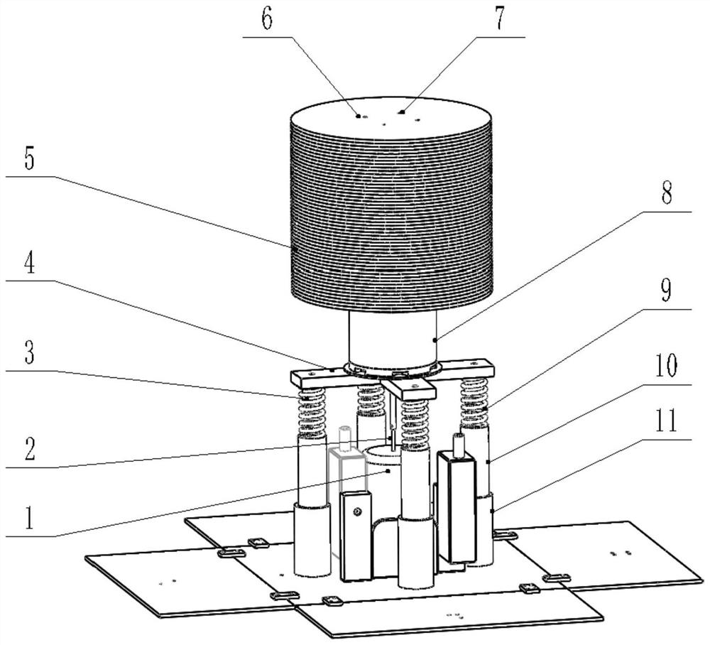 A vertical vibration test bench with small vibration source and large load that is convenient for loading and unloading