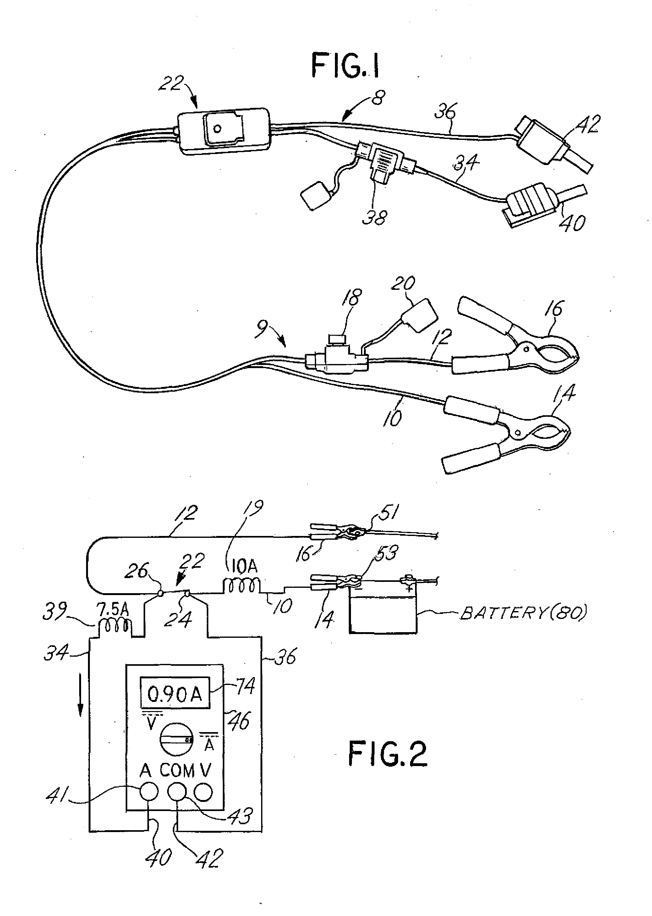 Parasitic battery drain test assembly for multiple component vehicle circuitry analysis