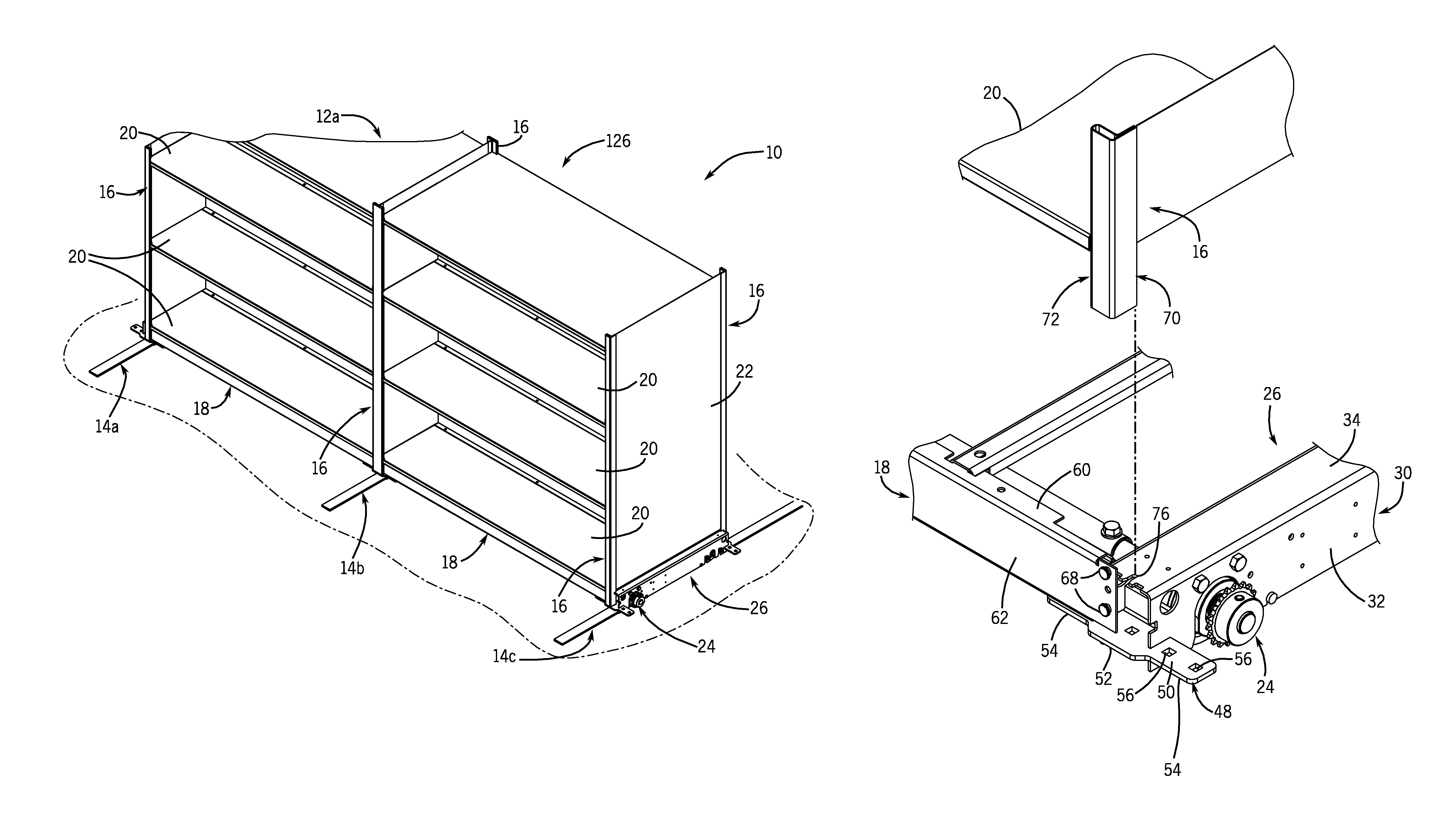 Carriageless mobilized storage unit for use in a mobile storage system