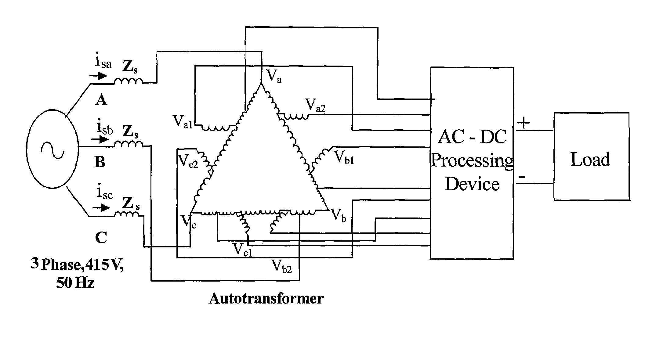Reduced rating T-connected autotransformer for converting three phase AC voltages to nine/six phase shifted AC voltages